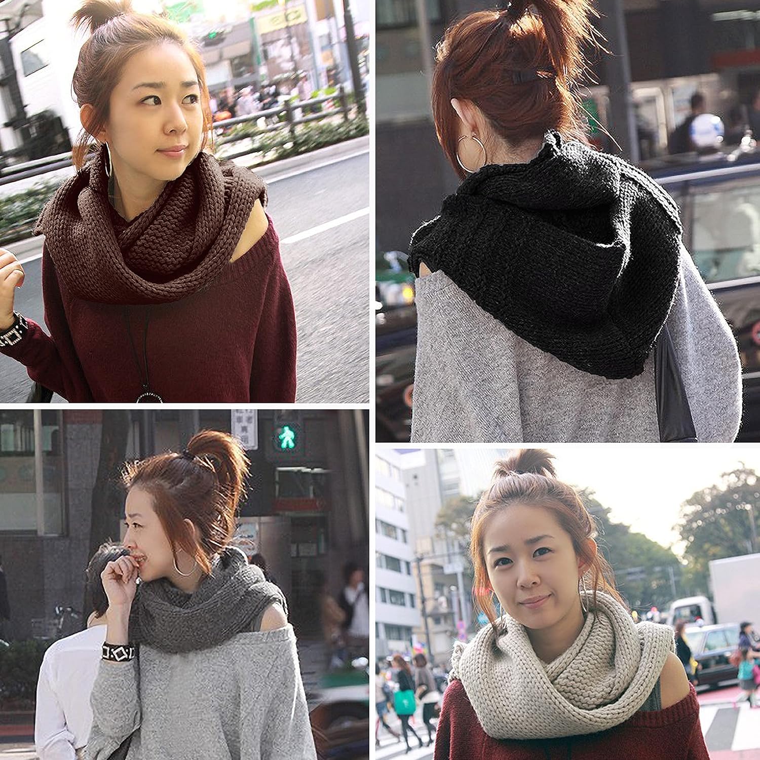Winter Soft Pullover Knit Infinity Scarf Beanie Hoodie Scarf