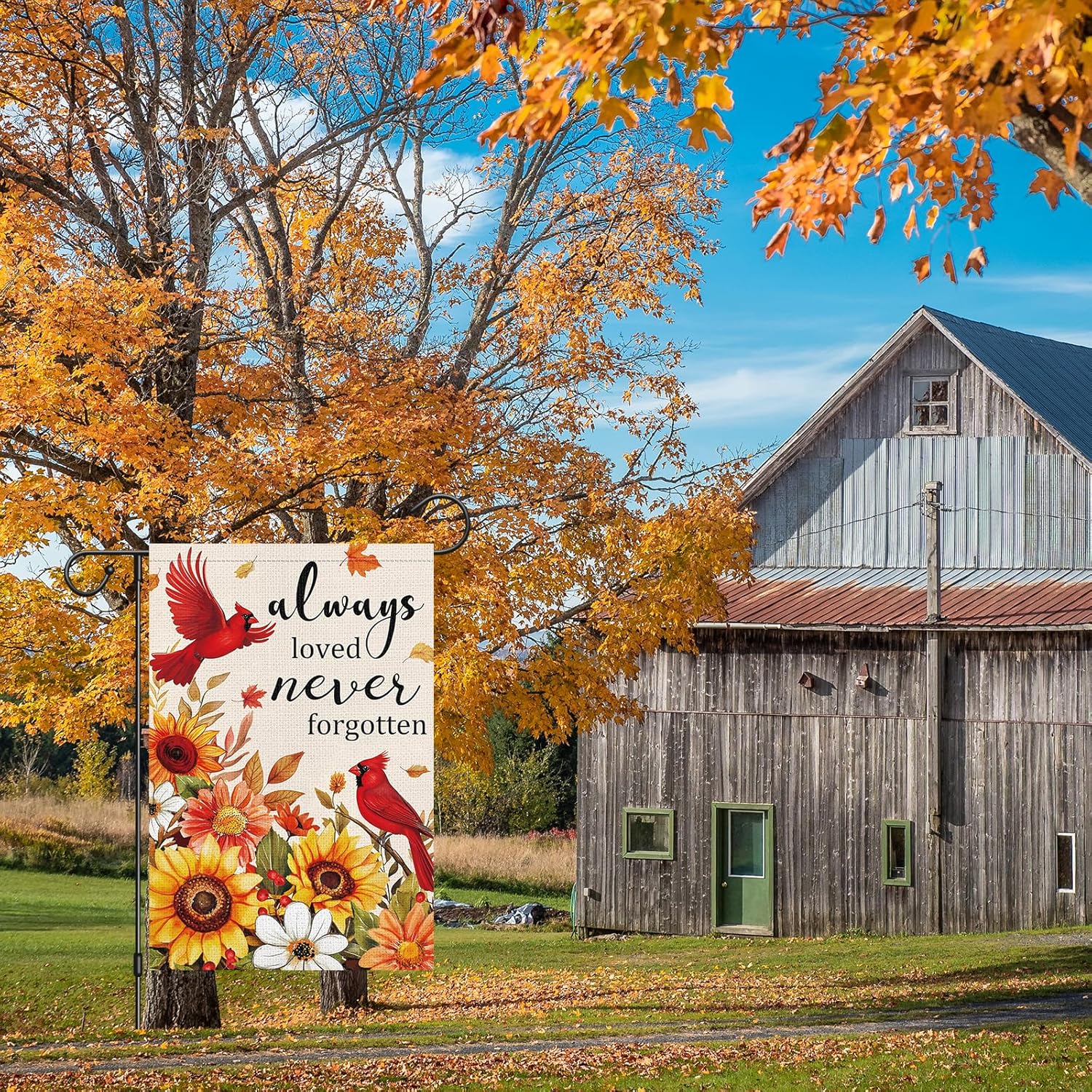 Always Loved Never Forgotten Memorial Garden Flag 12x18 Inch Double Sided, Fall Thanksgiving Cardinal Sunflower Cemetery Yard Outdoor Decorative Flag - Image 4