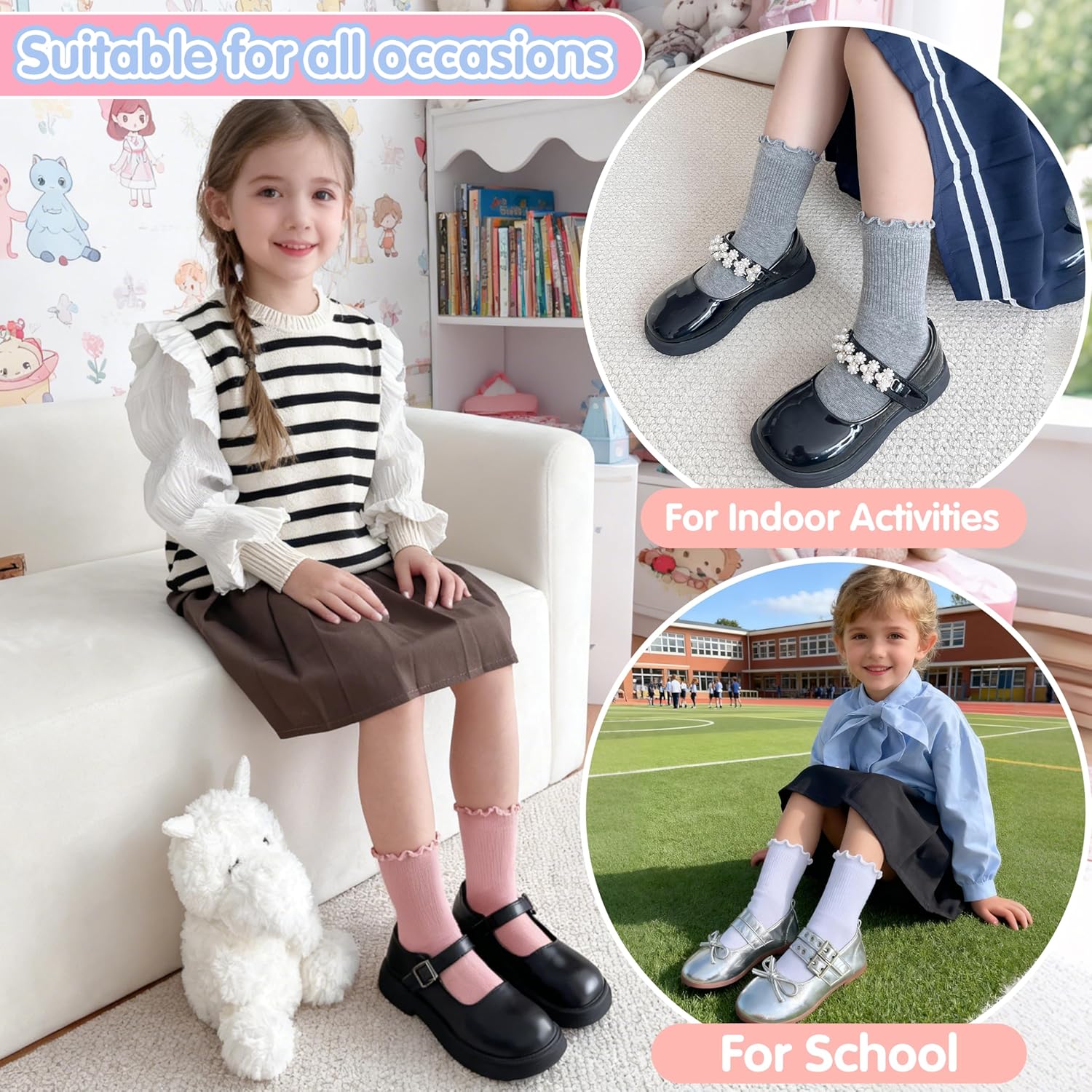 Girls Kids Ruffle Socks Uniform School Dress Frilly Cotton Crew Socks 6 Pairs - Image 2
