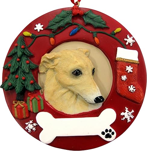 Adorno de Navidad de galgo, cervatillo y corona blanca en forma de corona fácilmente personalizada, decoración navideña única, regalos únicos para