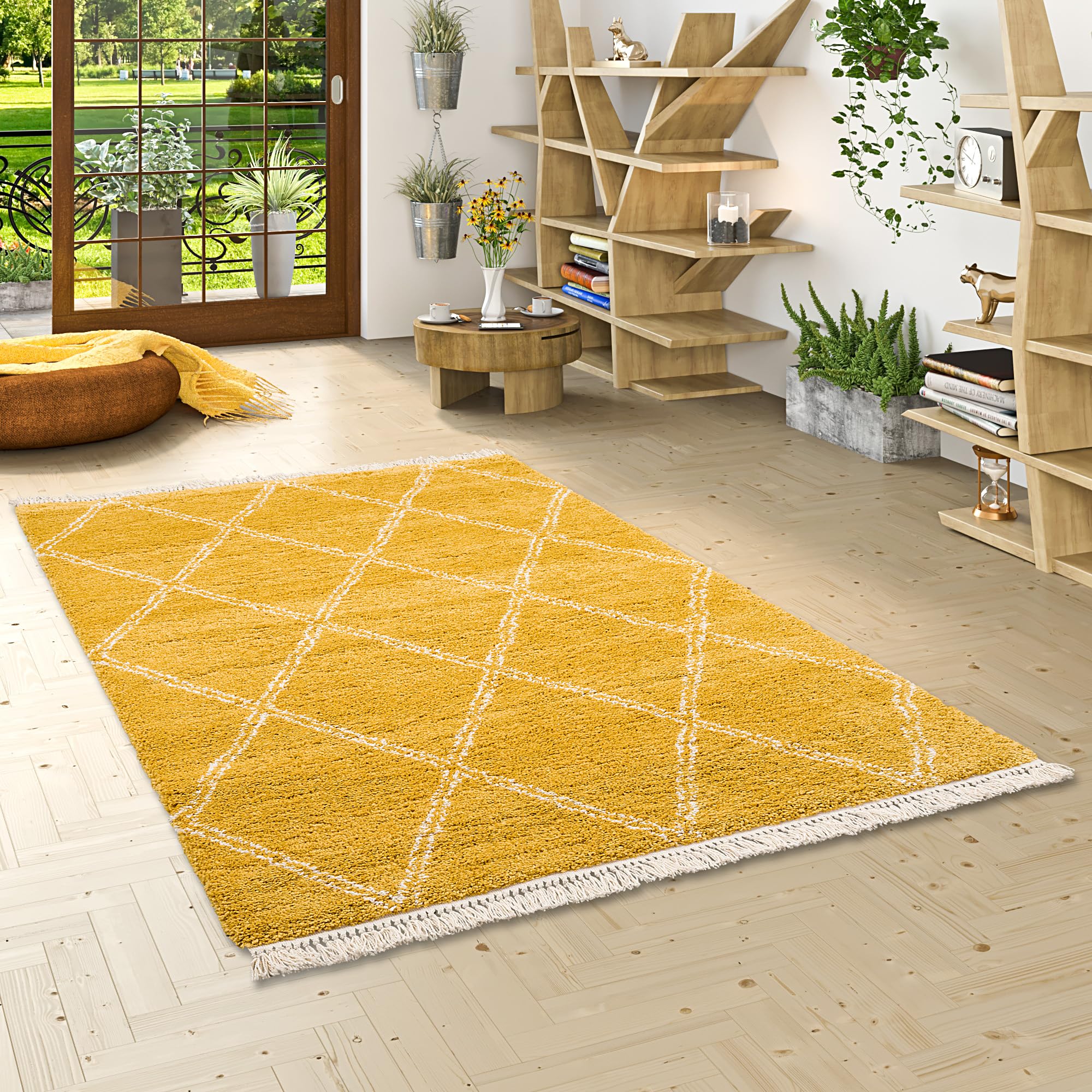 Tapis shaggy épais et isolant à motif diamant jaune curry pour chambre