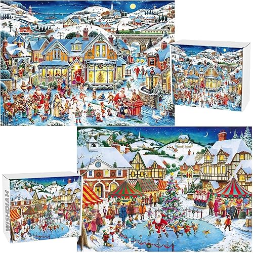 Paquete de 2 rompecabezas de Navidad para adultos, 1000 piezas de bazar de Navidad y pueblo de Navidad, rompecabezas de Navidad para adultos de 1000