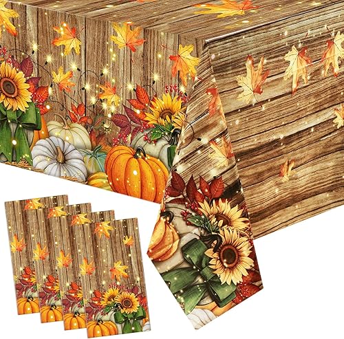 Tranqun 4 manteles de otoño de 108 x 54 pulgadas, mantel rectangular de plástico de calabaza de Acción de Gracias, hojas de arce, hojas de arce,