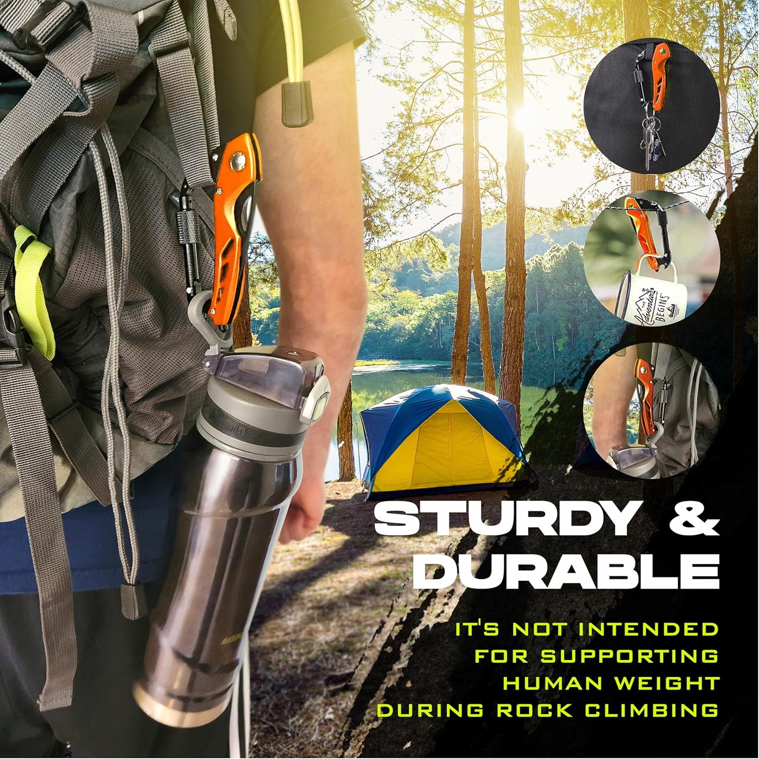 2-Pack Outdoor Carabiner Multitool, Carabiner Knife, EDC Pocket Knife Survival Gear with Glass Breaker (Black/Hunters Orange)