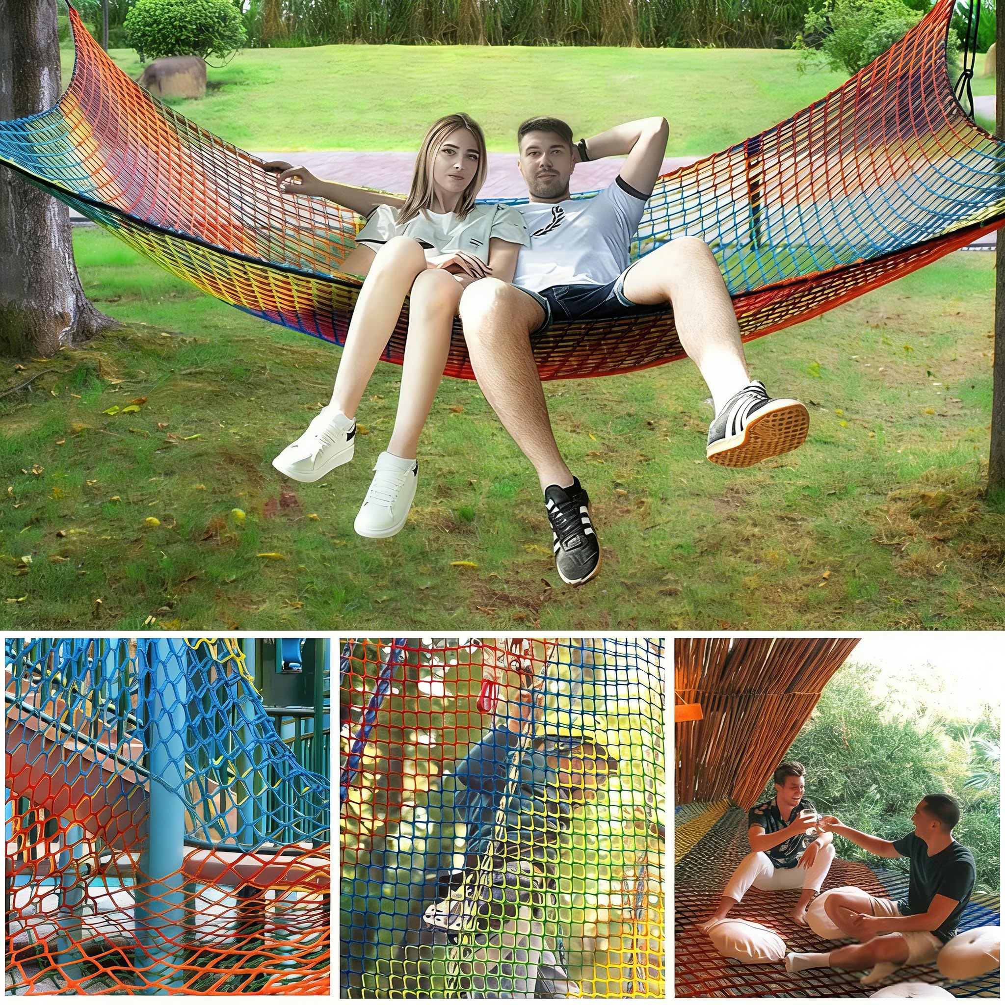 Kletternetz Spielplatz, Doppeltschichten ​Kinder Sicherheitsnetz Klettergerüst Netz Kinder Garten, 3x3M Absturzsicherungsnetz für Spielplatznetz Regenbogenfarben (3 x 3m)