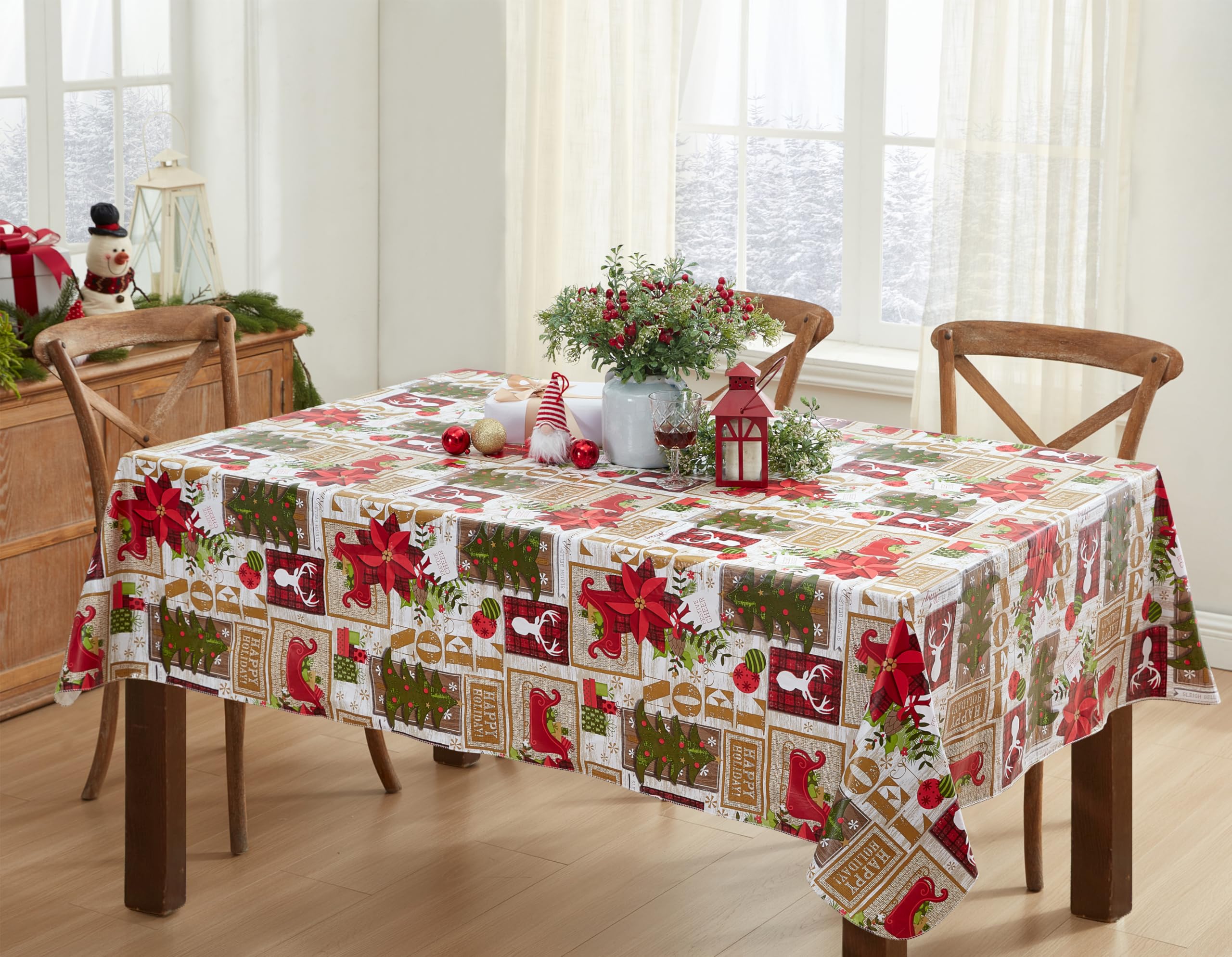Newbridge Ivory Sleigh Bells Ring Country Rustic Vinyl Flannel Back Vinyl Christmas Tablecloth, Moose Antlers, Sleighs and Festive Xmas Wipe Clean Tablecloth, 60 Inch x 84 Inch Oblong/Rectangle