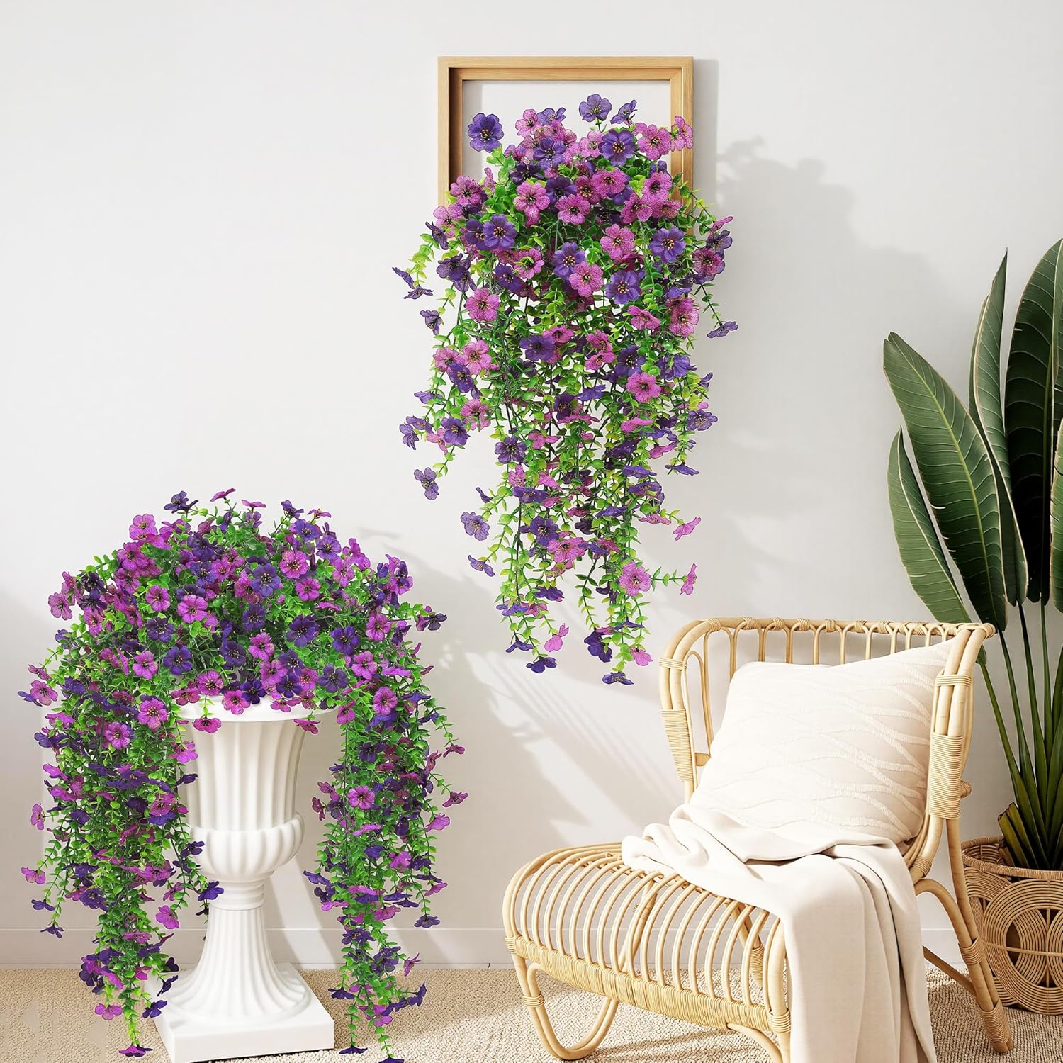 Artificial Fake Hanging Flowers Plant Spring Summer Decoration for Outdoor Faux Silk Daisy with Eucalyptus 4 Pcs Realistic UV Resistant Indoor Outside Garden Porch Patio Balcony Yard(Double Purple)