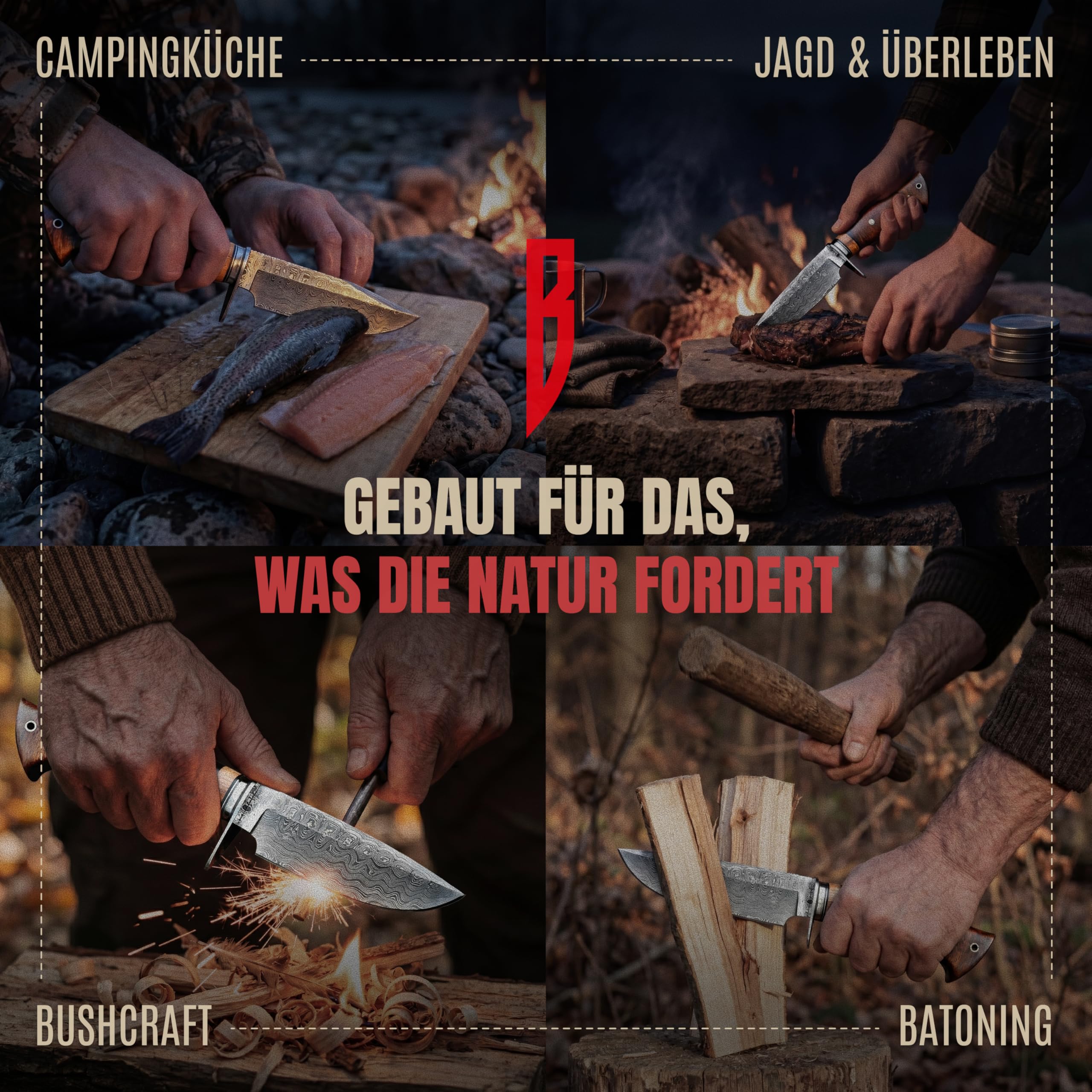 BIGCAT ROAR Wild Tiger Damaststahl Messer 10 Zoll - Full Tang - Walnussholzgriff & Lederscheide - Outdoor Camping Survival Bushcraft