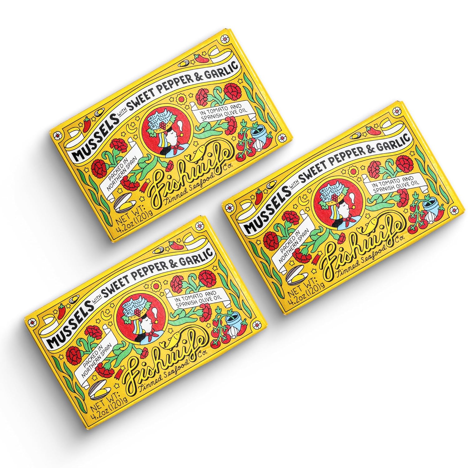 Fishwife Mussels With Sweet Pepper & Garlic 3-Pack (4.2 Ounce) | Hand-Packed in Spain | ASC-Certified Sustainable Seafood, Gluten Free, High Protein, Omega-3s | Responsibly Raised in Chile