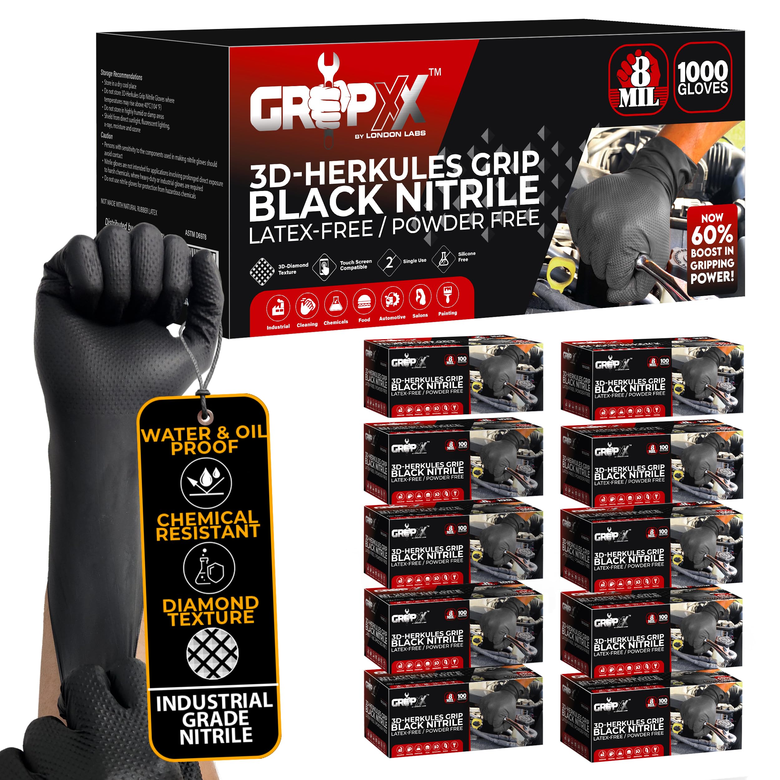 GRIPXX Herkules Grip Heavy Duty 8Mil Black Nitrile Gloves,3D Raised Diamond Texture-Latex & Powder-Free Industrial, Mechanic