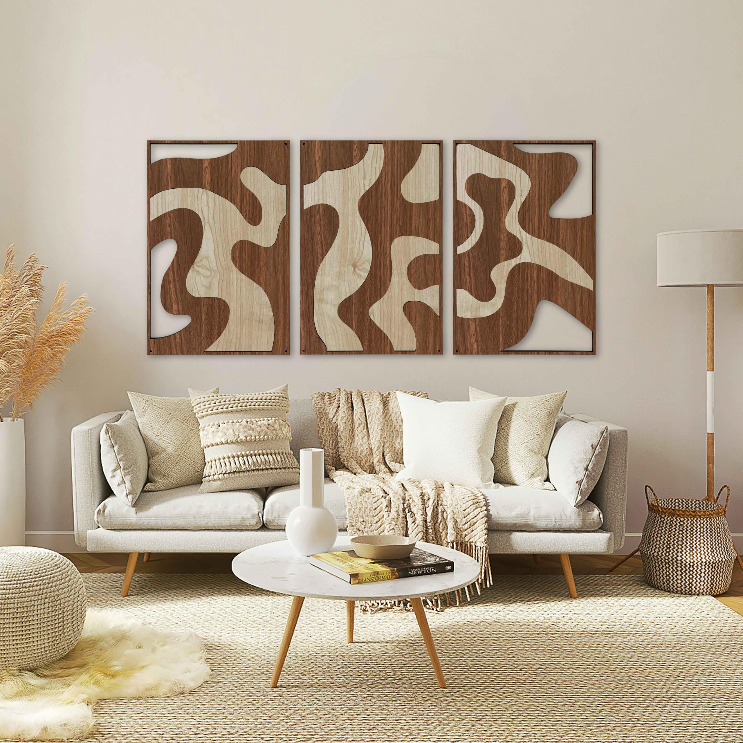 Wandkunst, neutral, strukturiertes Holz, abstrakt, organisch, groß, Wanddekoration, moderne Erdtöne, Designer-Akzente, Geschenk für Wohnzimmer und Schlafzimmer, 3 Stück