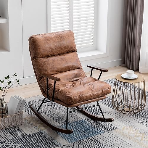 RIVOVA - Mecedora decorativa de mediados de siglo moderna silla mecedora de guardería con respaldo ajustable asiento acolchado de piel sintética