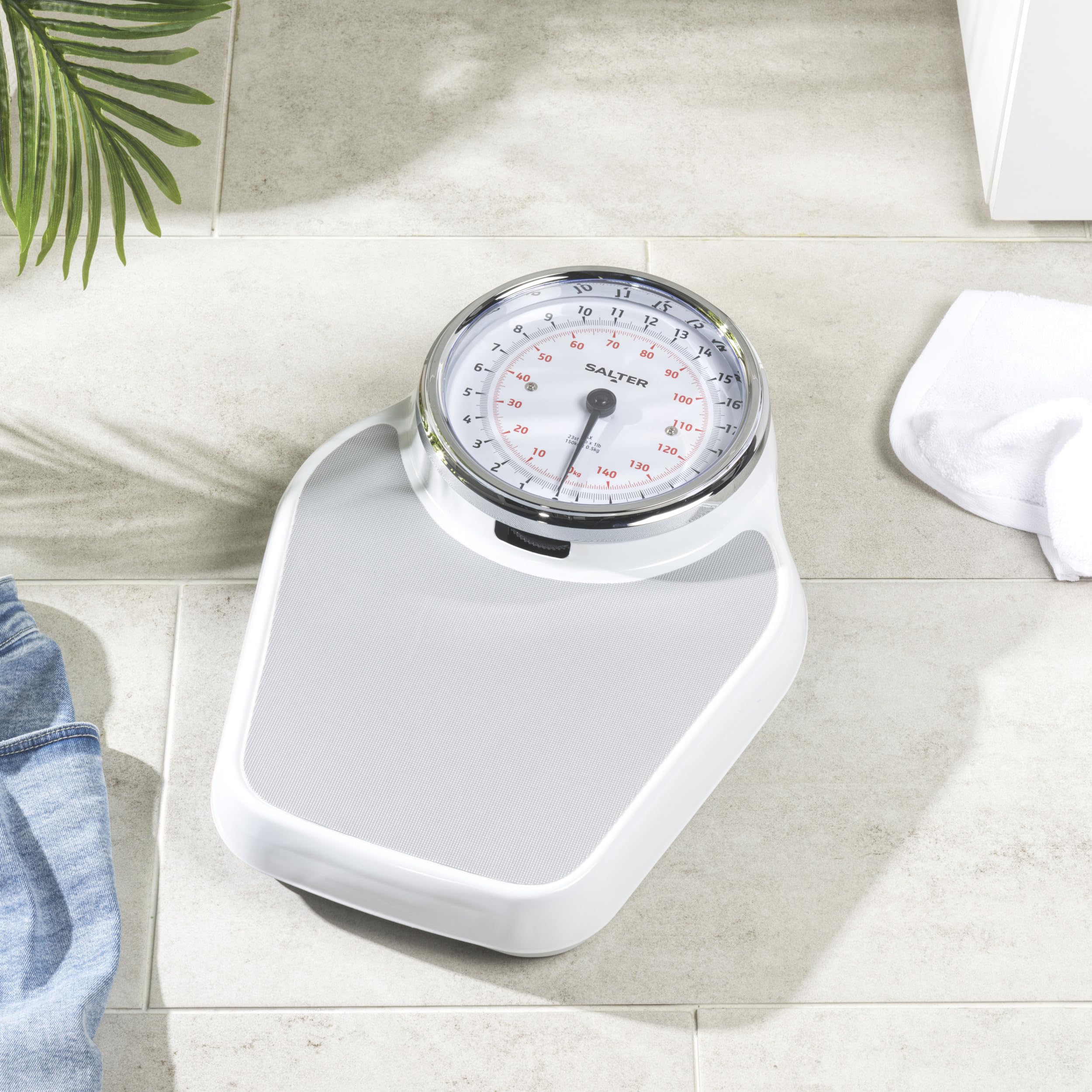 Salter 200 WHGYDR Waga mechaniczna Premium Academy Professional, styl Doctor, maksymalne obciazenie 150 kg, duza tarcza zegarowa ulatwiajaca odczyt, duza platforma, brak baterii, biala/szara