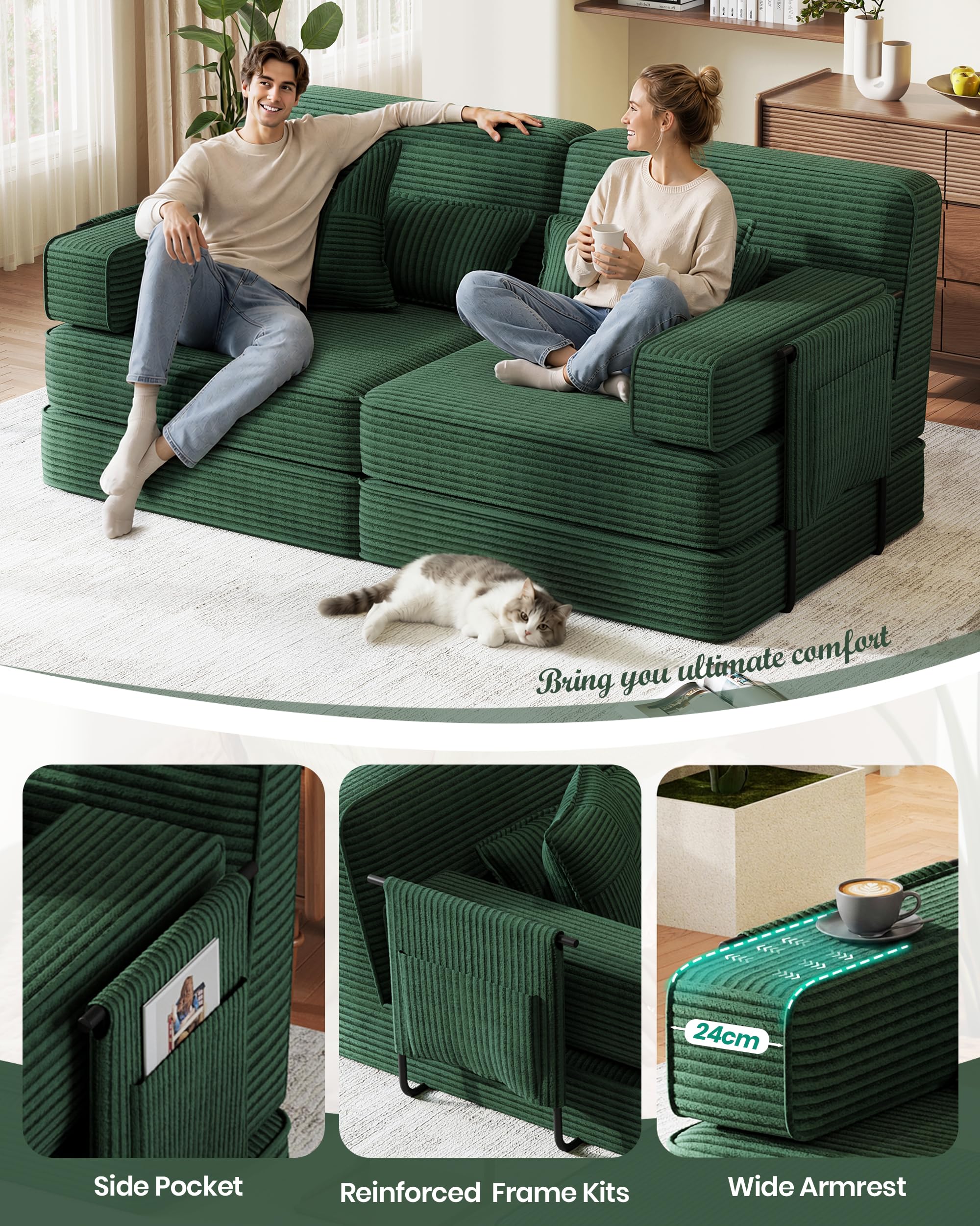 Divano letto disossato, 190 cm, divano modulare convertibile 5 in 1, velluto a coste senza montaggio, divano letto matrimoniale pieghevole a 2-3 posti con contenitore, 4 cuscini e struttura in metallo