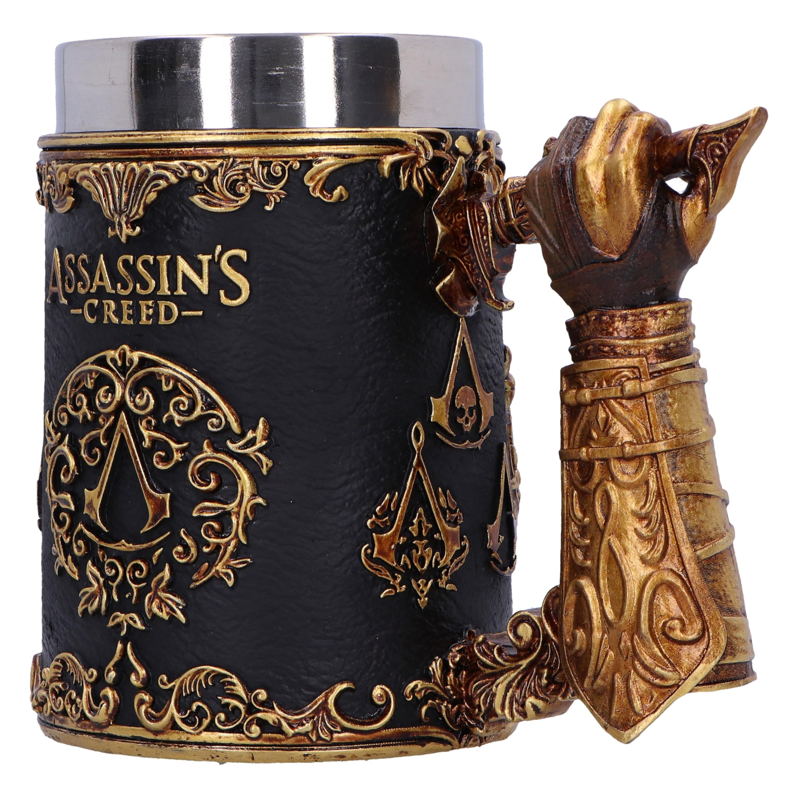 Nemesis Now Chope Assassin's Creed Through the Ages de 15,5 cm, en résine, noir/or, produit officiel Assassin's Creed, tasse à bière Assassin's Creed, moulée dans la meilleure résine, peinte à la main