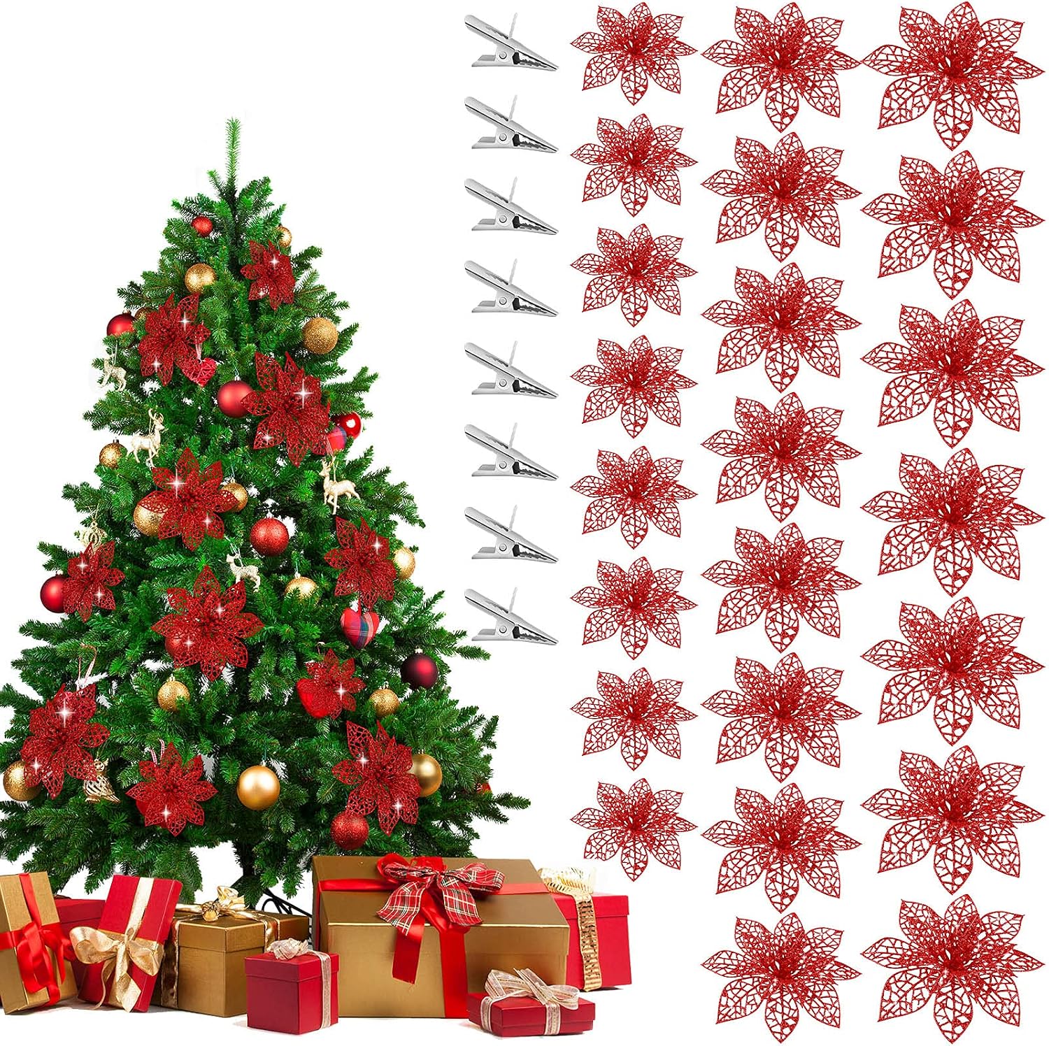 MCEAST 24 Pieces Christmas Glitter Poinsettia Flowers with 24 Clips Artificial Christmas Tree Flower Decorations for Wedding, Party, Wreath, Christmas Tree Ornaments, Red