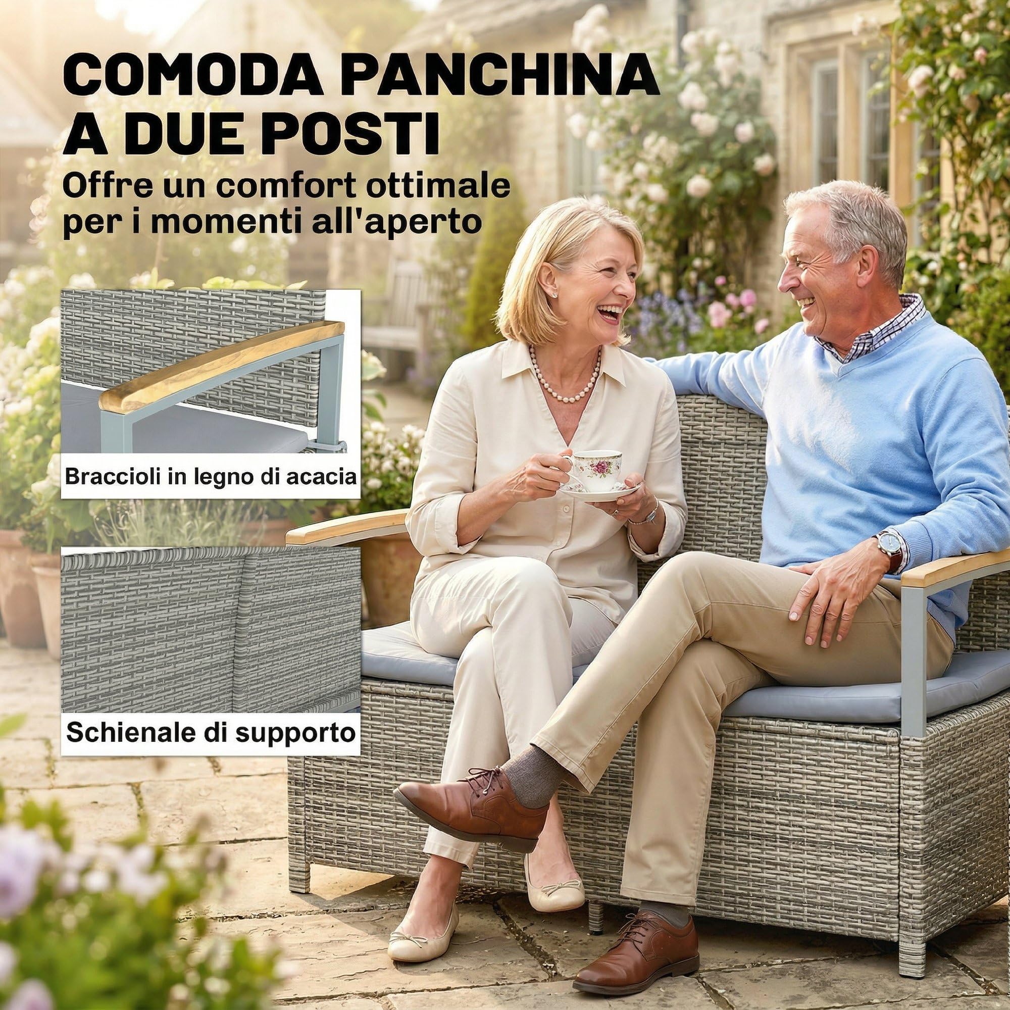 Outsunny Cassapanca Contenitore da Esterno in Rattan PE 170L, Panca Contenitore da Esterno 2 Posti con Braccioli in Legno di Acacia, Cuscino Lavabile, Fodera con Cerniera, Pistone a Gas, Grigio Chiaro