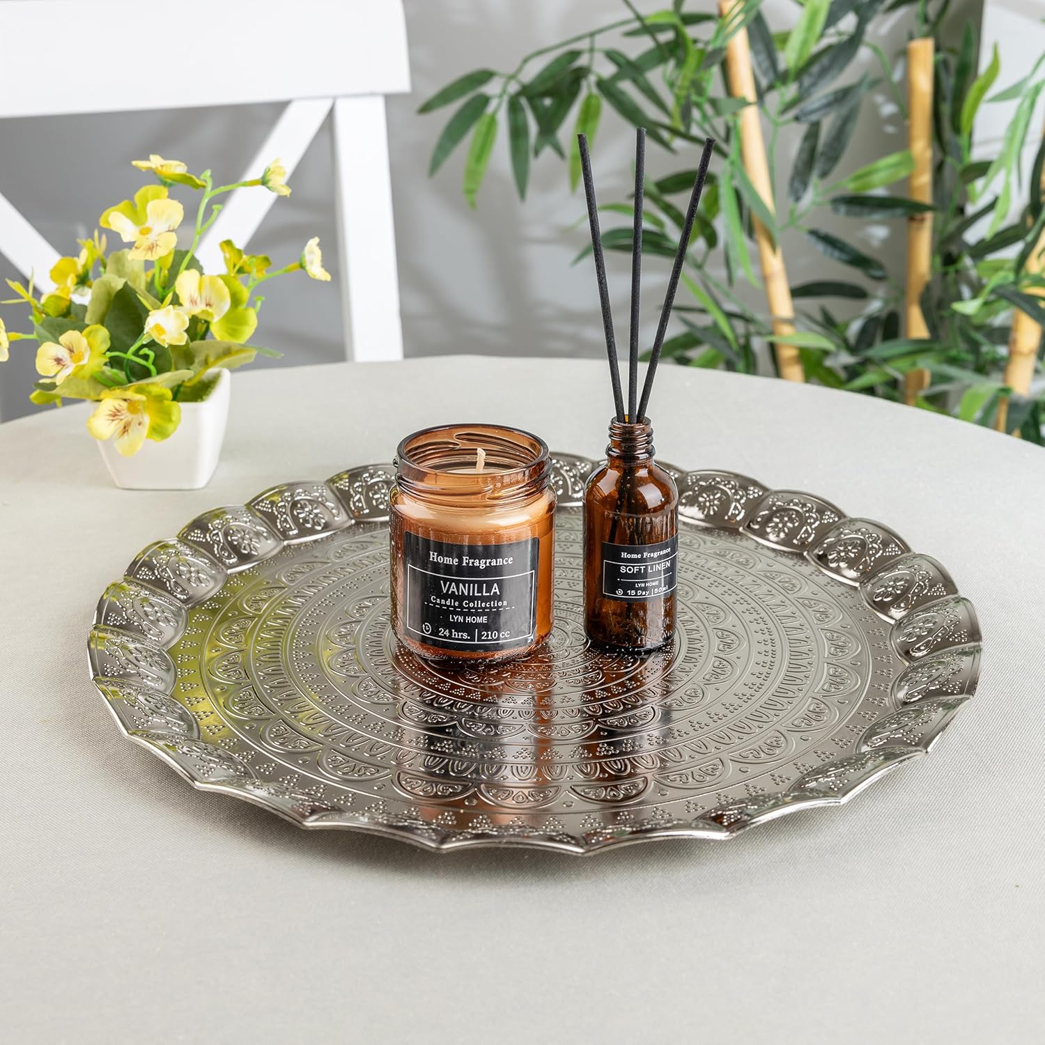 Alisveristime 6-Person Decorative Serving Tray – 13.77 inch Round Metal Plate with Ottoman Pattern Options (Silver)