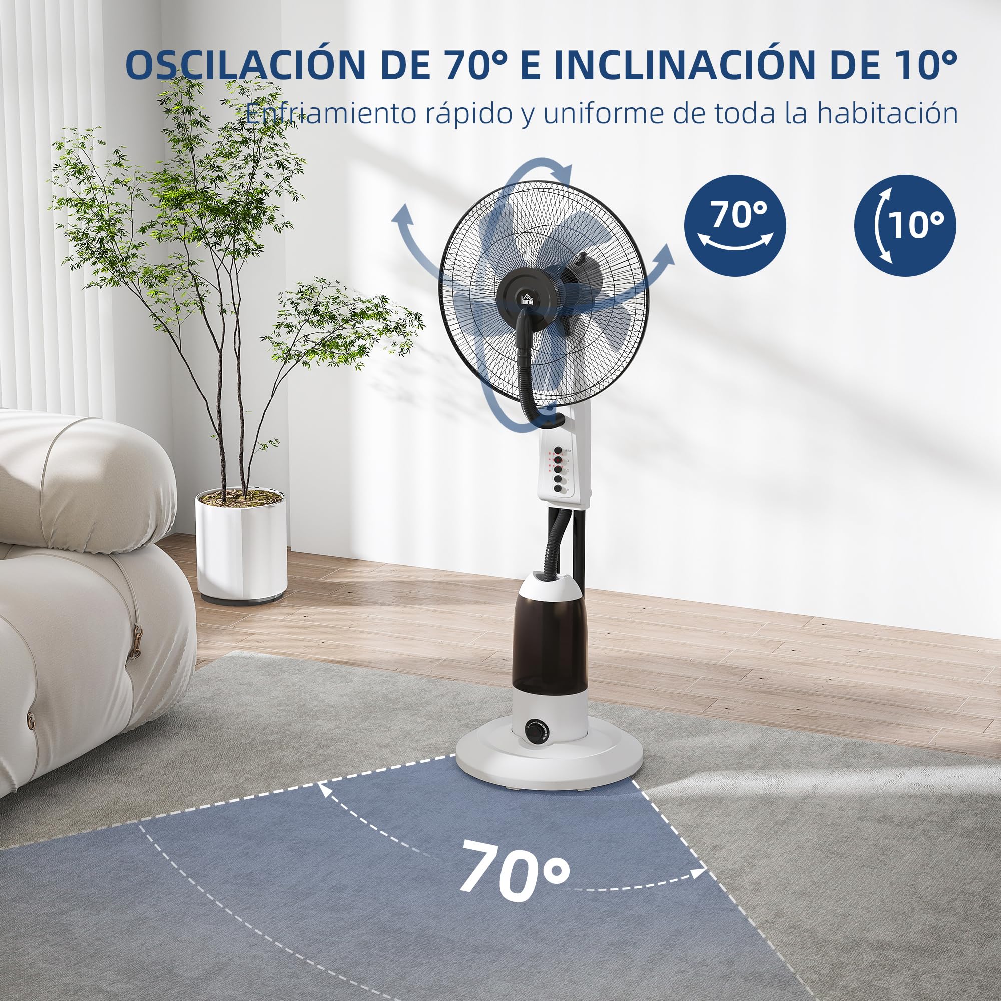 HOMCOM Ventilador Silencioso con Nebulización 90W, Ventilador de Pie de 120cm con 3 Velocidades, Oscilación de 70°, Cabezal Ajustable, Depósito de Agua de 2,8L, Blanco