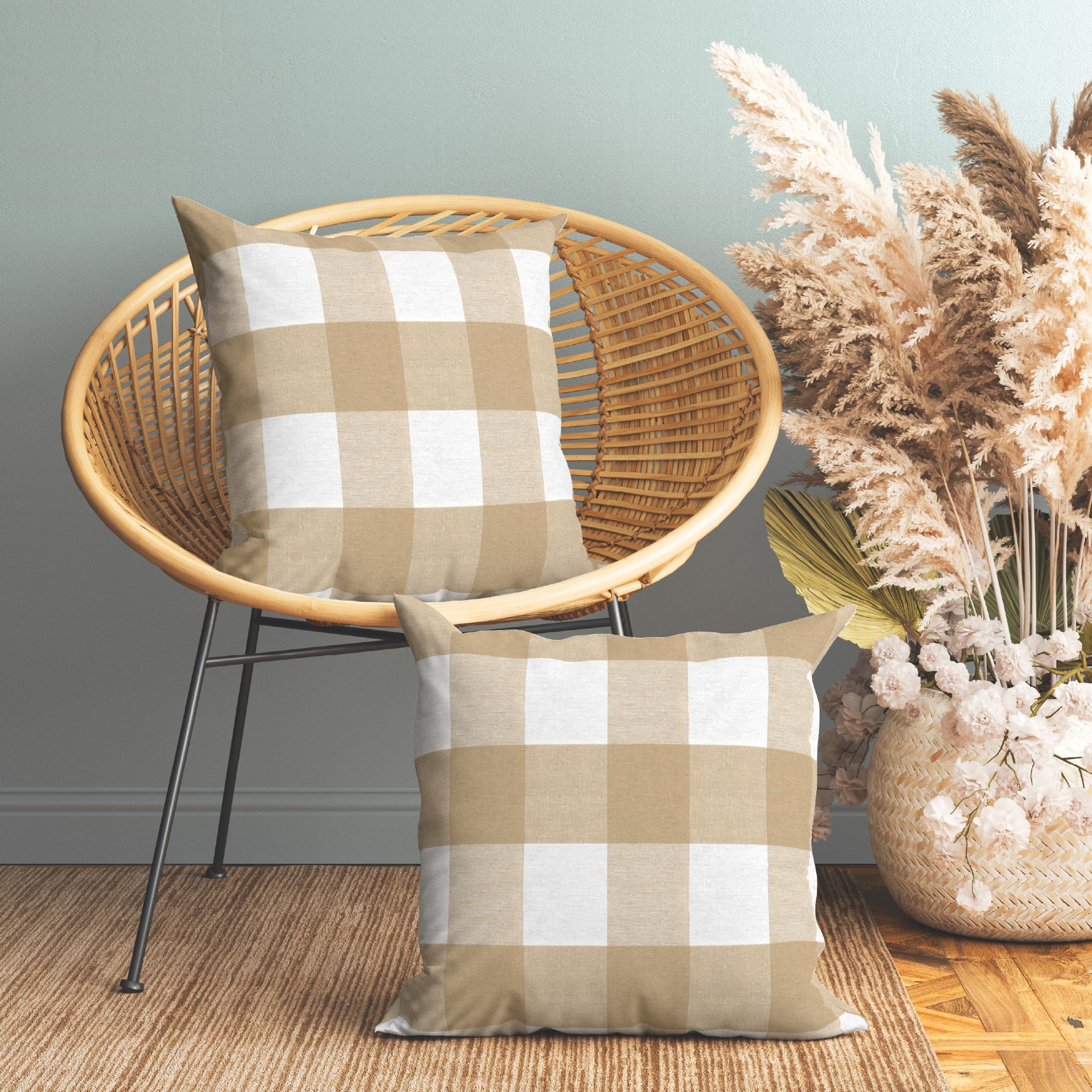 Juego de 2 fundas de almohada de granja de 18 x 18 pulgadas con cuadros beige búfalo, fundas de cojín decorativas sin relleno, fundas de almohada a cuadros y rayas para sala de estar, sofá