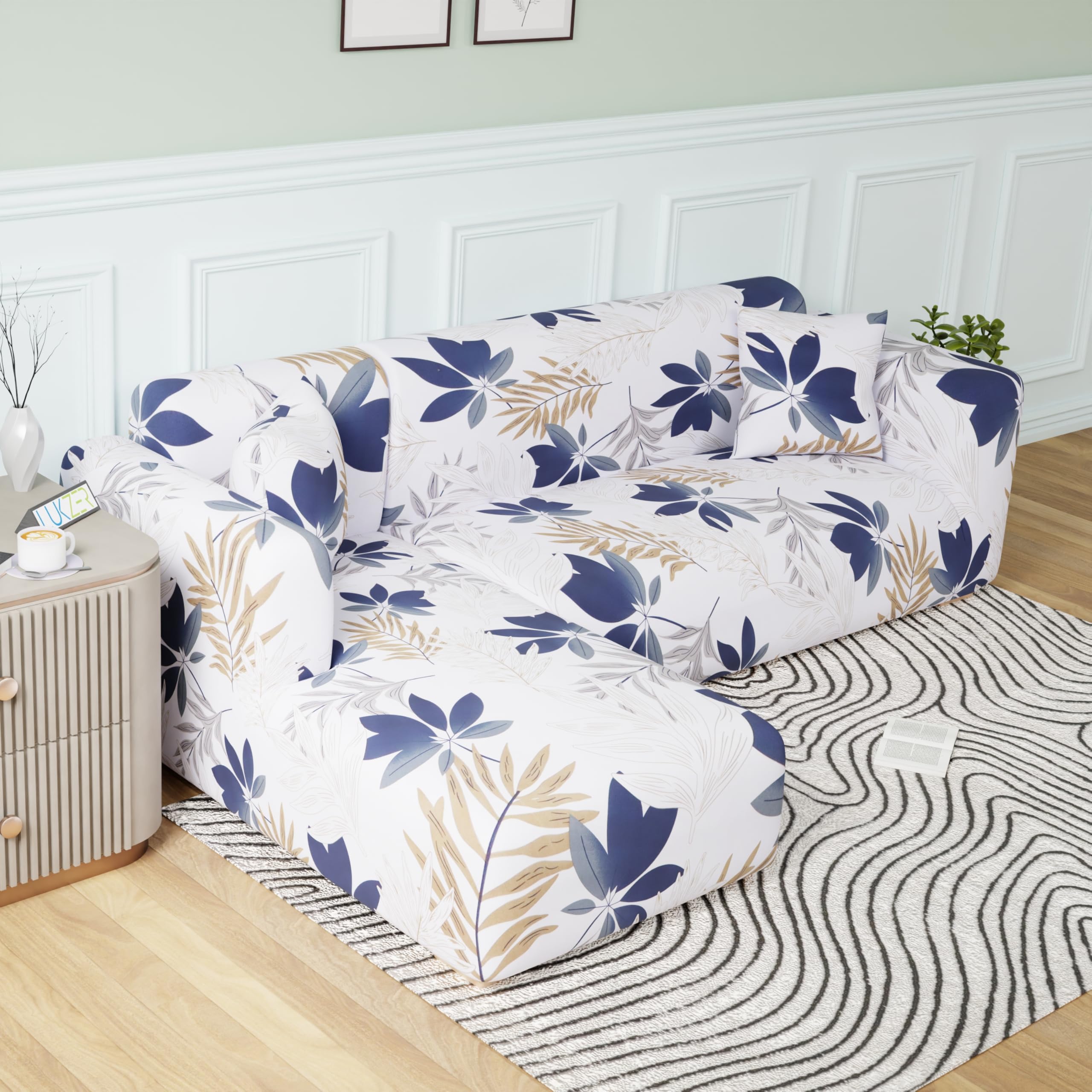 Lukzer L-Shaped Sofa Cover for Living Room Furniture, Flexible Slipcover for Couches and More (Left Hand Side, White Leaf Print)-image-42