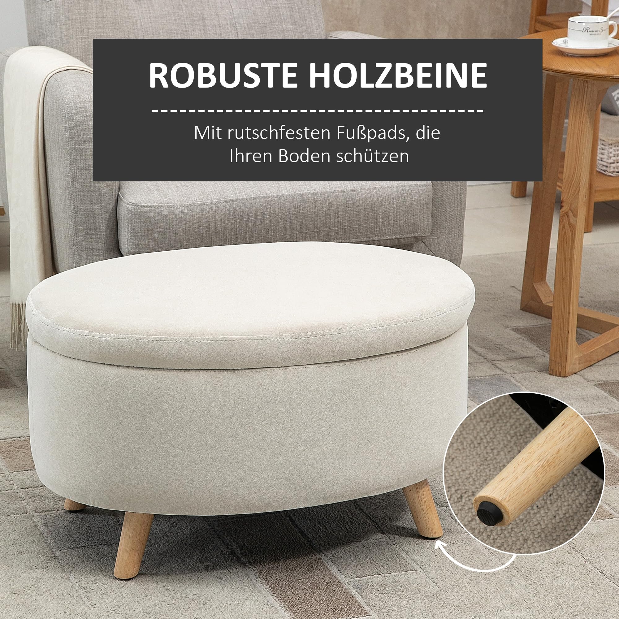 HOMCOM Sitzbank mit Stauraum, Oval Polsterbank mit Deckel, Bettbank mit Samtoptik, für Flur Schlafzimmer Wohnzimmer, Holzbeine 71 x 51,5 x 42 cm Beige