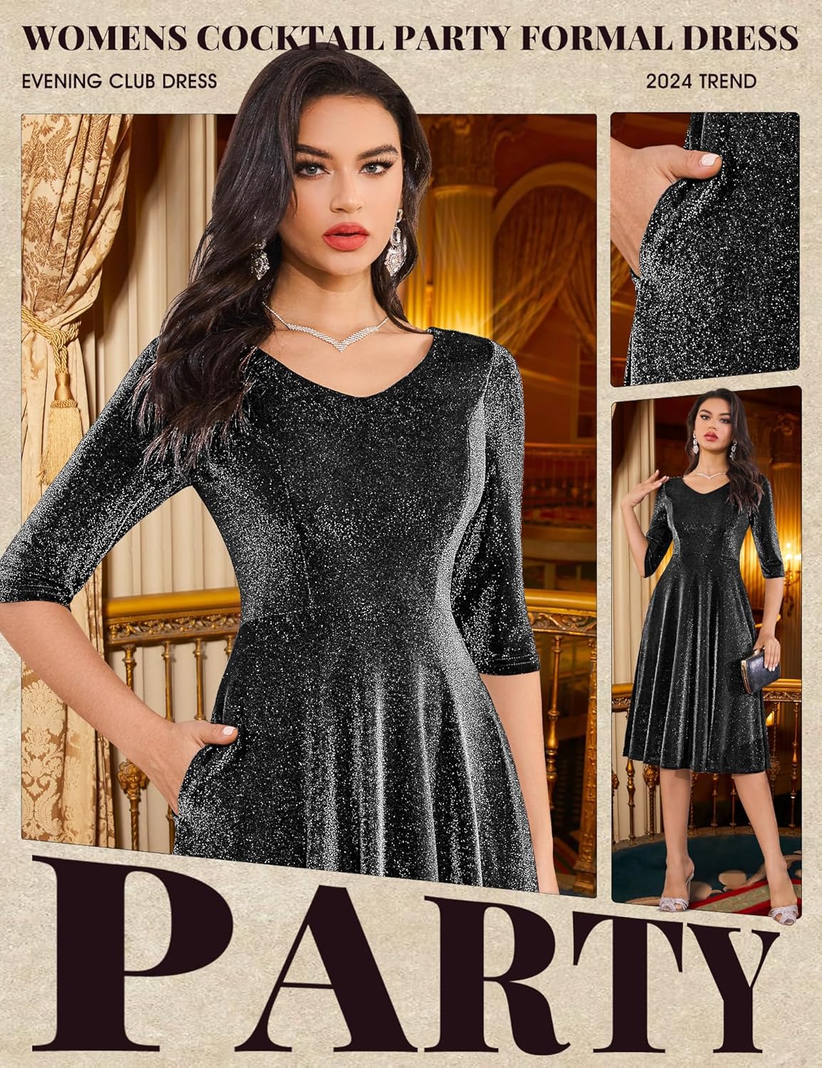 Dressystar Womens Velvet Midi Sequin Cocktail Dress Fall Winter Long Sleeve Formal Wedding Guest Party Dresses with Pocket - Image 7