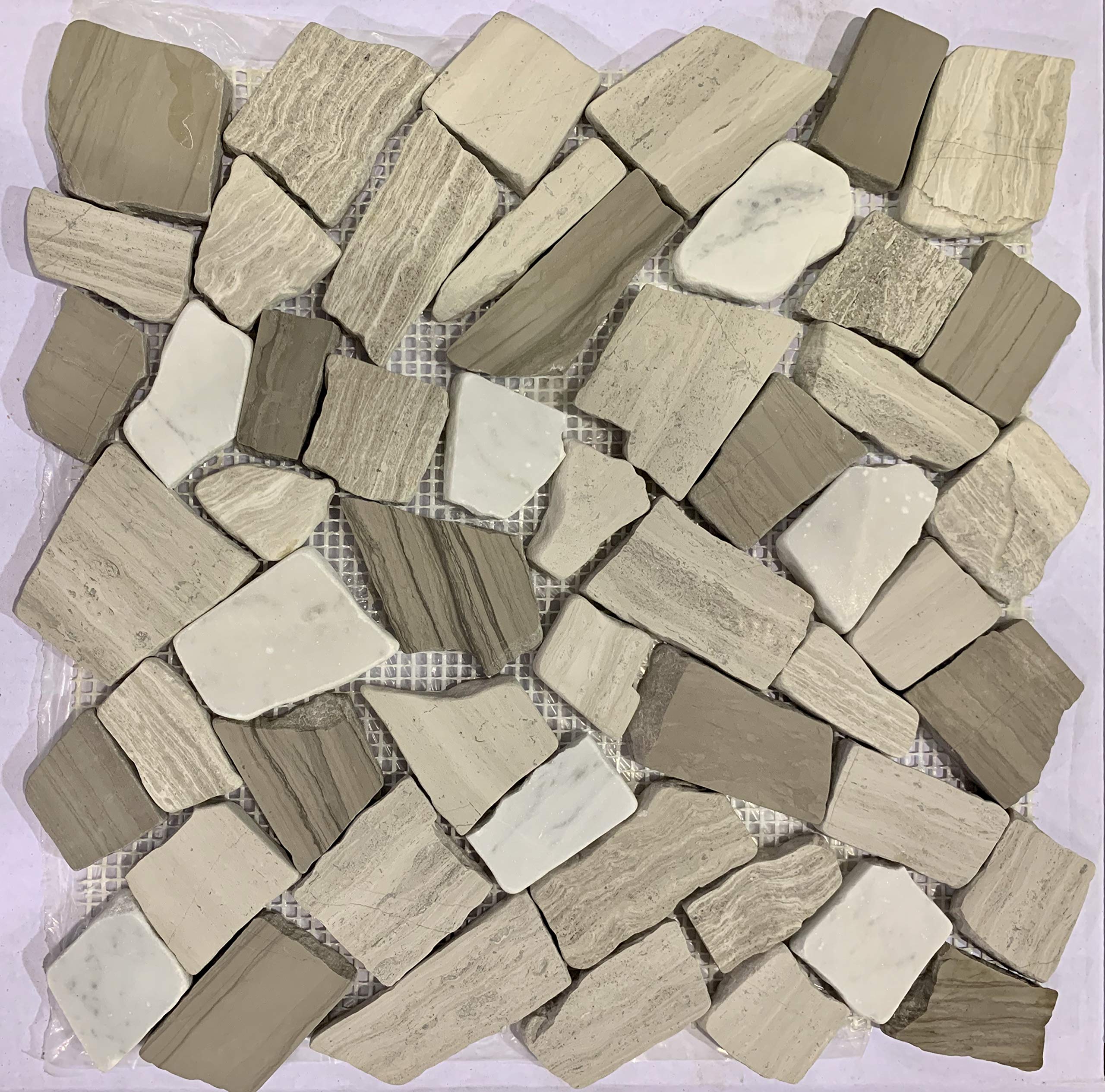 Interlocking Pebble Floor Tiles (1-Sheet) Kitchen, Bathroom, Deck and Patio Flooring | Indoor and Outdoor Use | Natural Auburn White |Grey Stones Tile | Quick and Easy Grout Installation