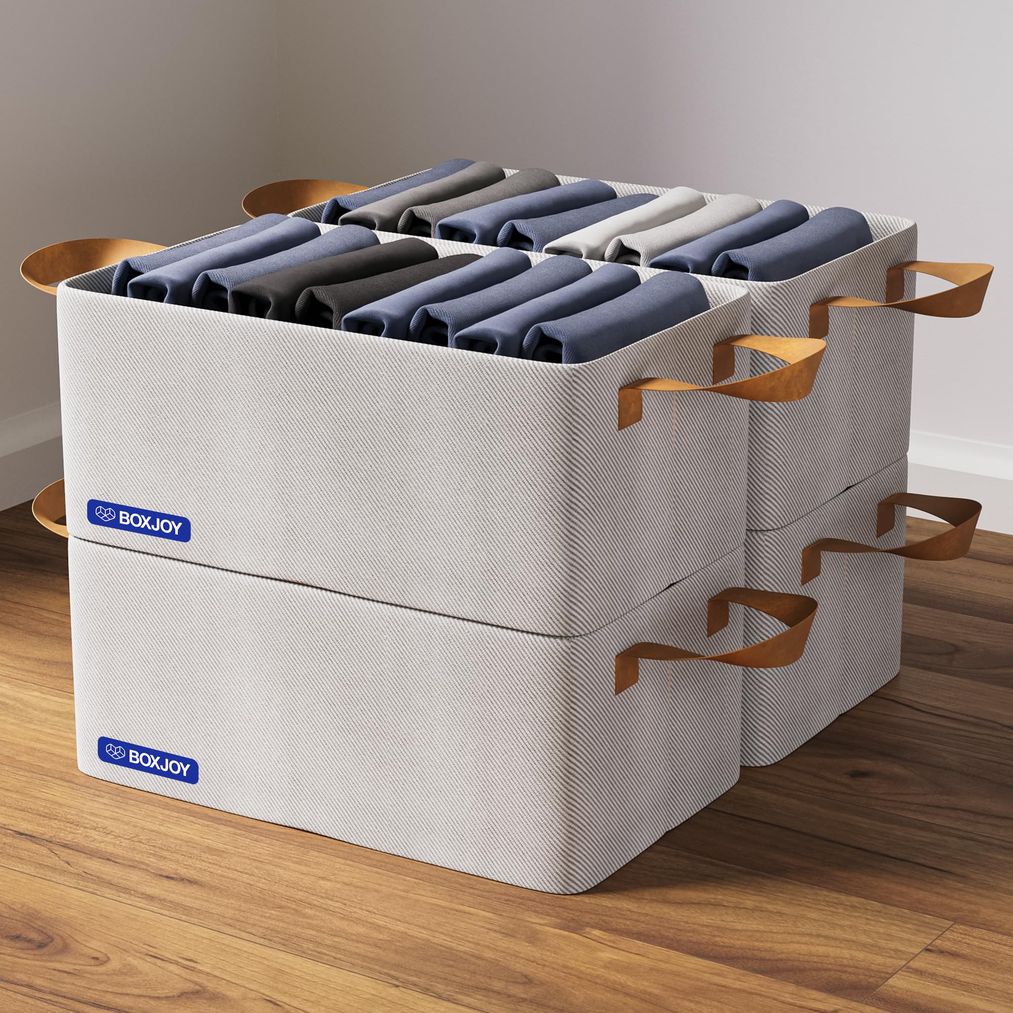 BOXJOY Pack of 4 Premium Storage Organiser Box for Clothes with Strong Steel Frame & Handle, Foldable Closet Basket for Wardrobe, Cupboard, Almirah Shelves, Home Essentials for Boys Girls Cloth