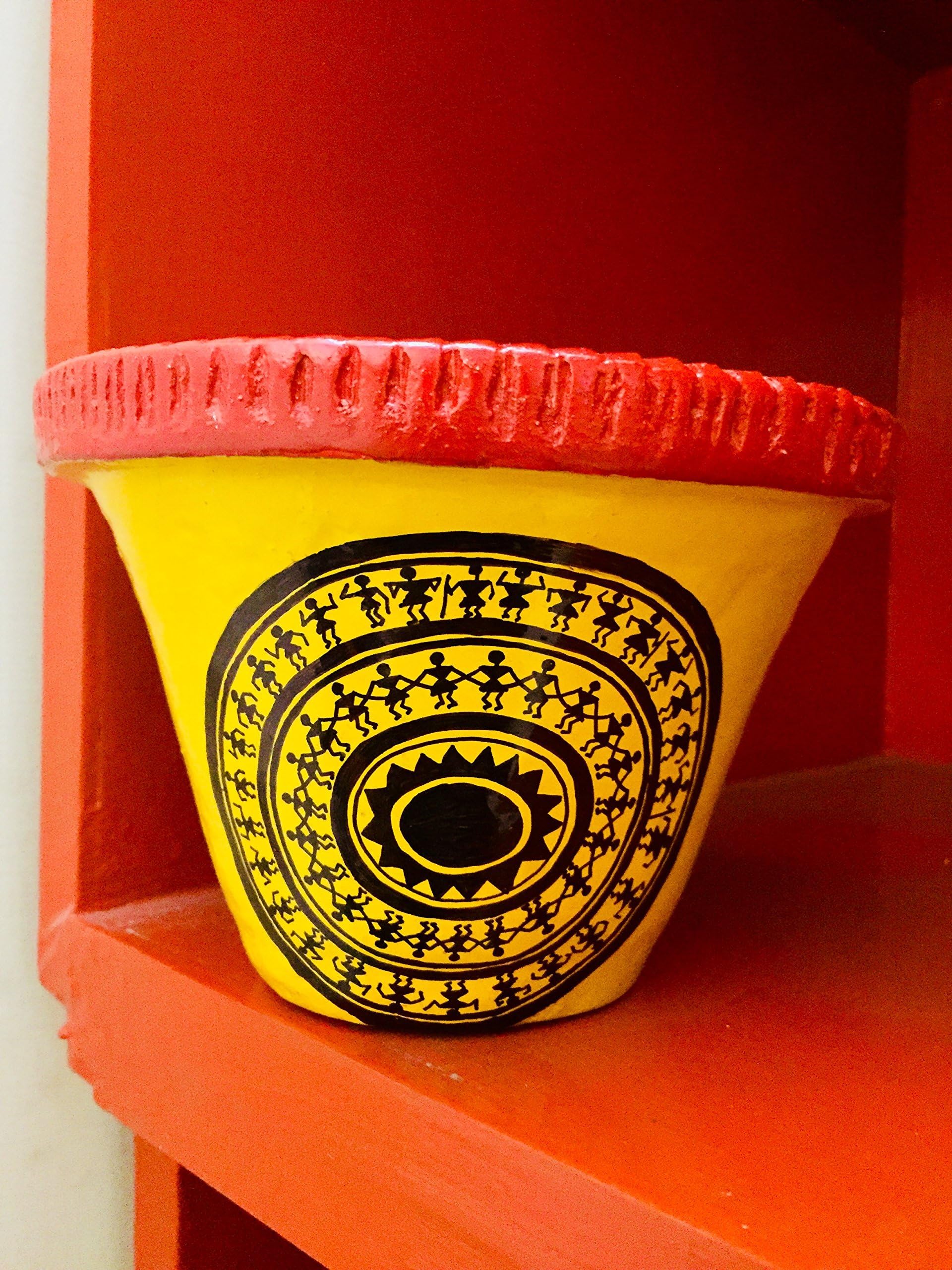 MITTIBAZAAR Indoor/Outdoor Clay Garden Pot Terracotta Pot Earthenware Handmade & Hand Painted Yellow Color Warli Art Design Garden Succulent Flower Pot