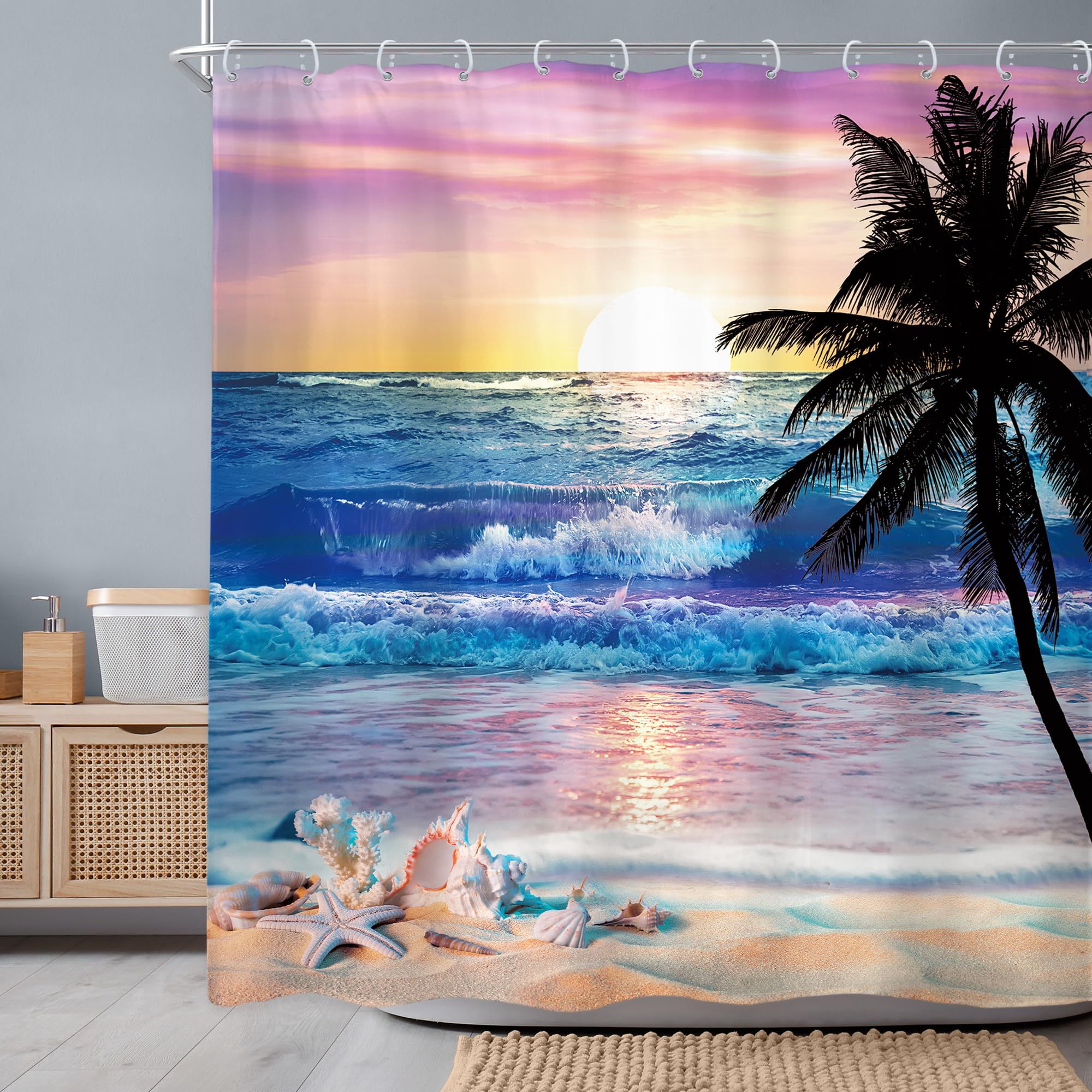 Newsely Ocean Sunrise Shower Curtain 72Wx72H Inch Beach Tropical Palm Tree Hawaiian Sunset Coastal Scenery Sea Wave Shower Curtain Bathroom Set Summer