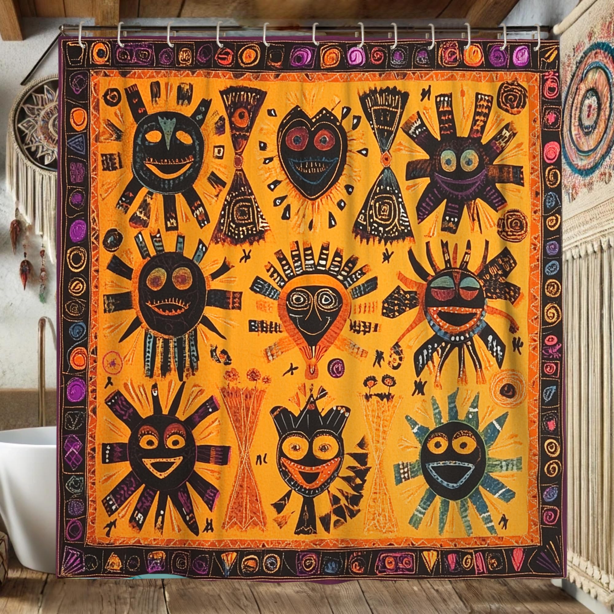 African Tribal Art Shower Curtain, Orange Decorative Curtain for Bathroom Modern Ethnic Style, Waterproof Fabric Shower Curtain Set with Hooks 72x72 Inch