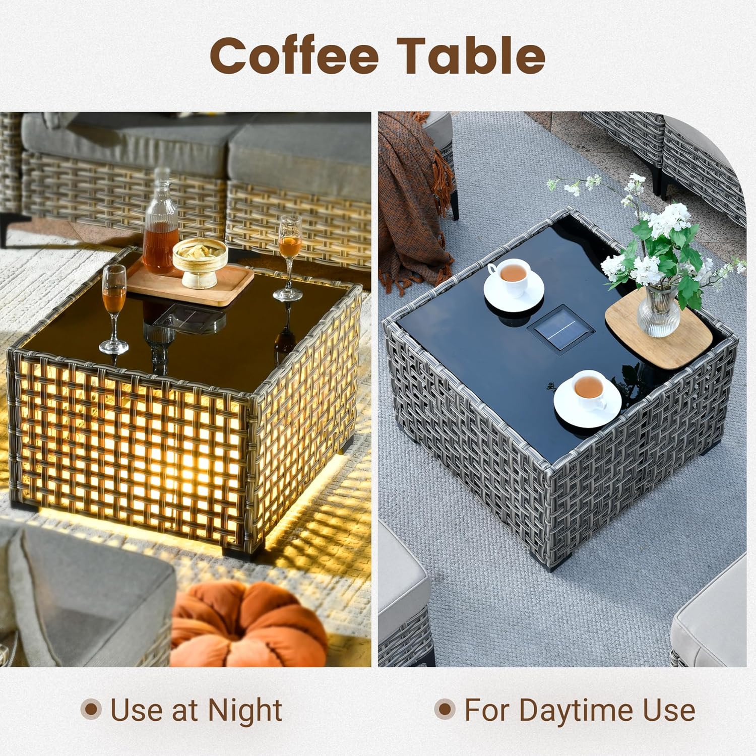 Outdoor Sectional Patio Furniture Set,5 Pieces Rattan Wicker Conversation Sets L Shaped Couch,Outside Furniture with Glowing Coffee Table,Dark Grey