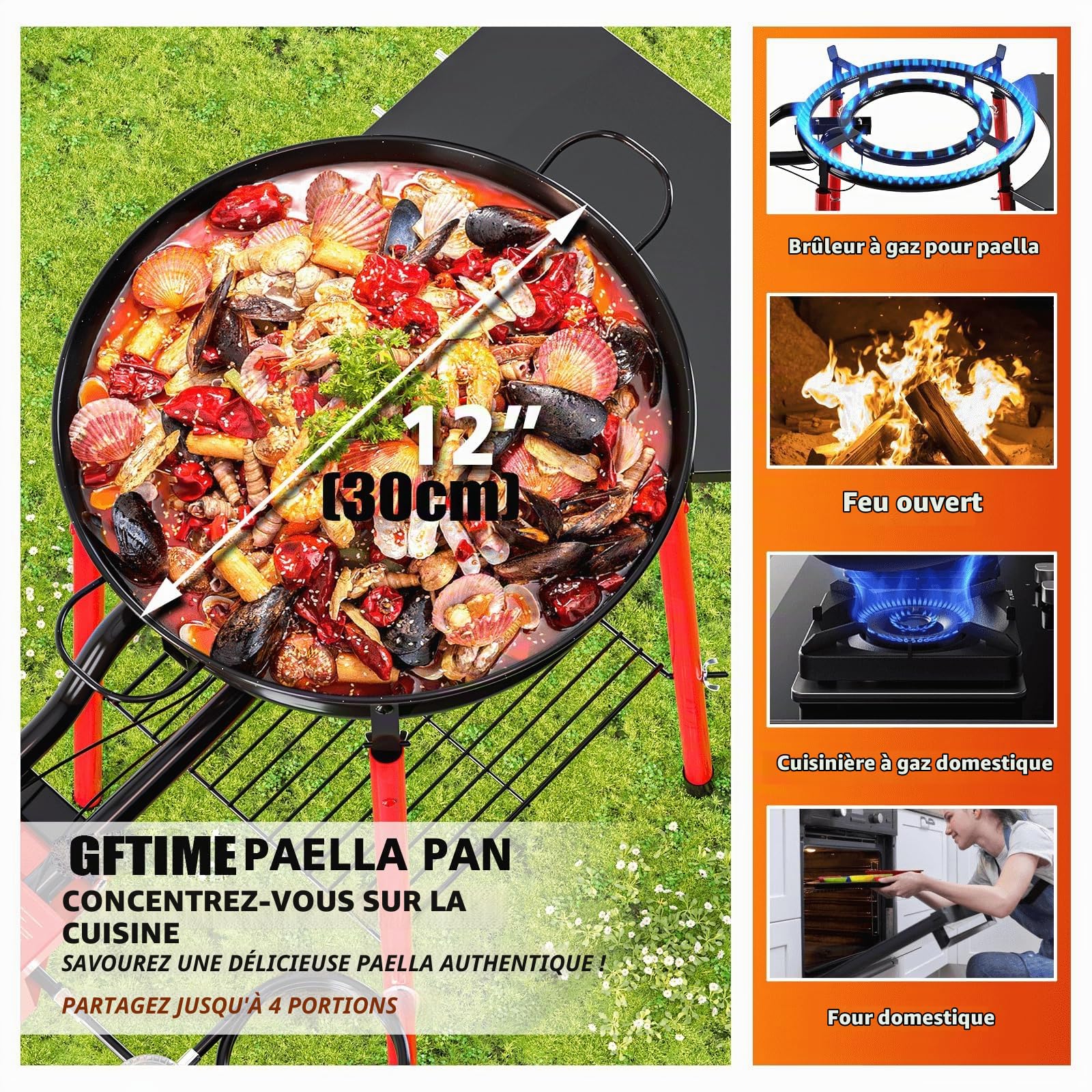 GFTIME Poêle à paella émaillée - 30 cm, antiadhésive, convient pour les cuisinières à gaz et électriques (pas à induction), parfaite pour les plats méditerranéens et espagnols, 4 portions