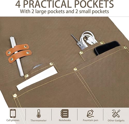 Miniatura 5 de 2 delantales de chef de lona impermeables, delantales ajustables con espalda cruzada para hombres y mujeres con 4 bolsillos, delantal para cocina