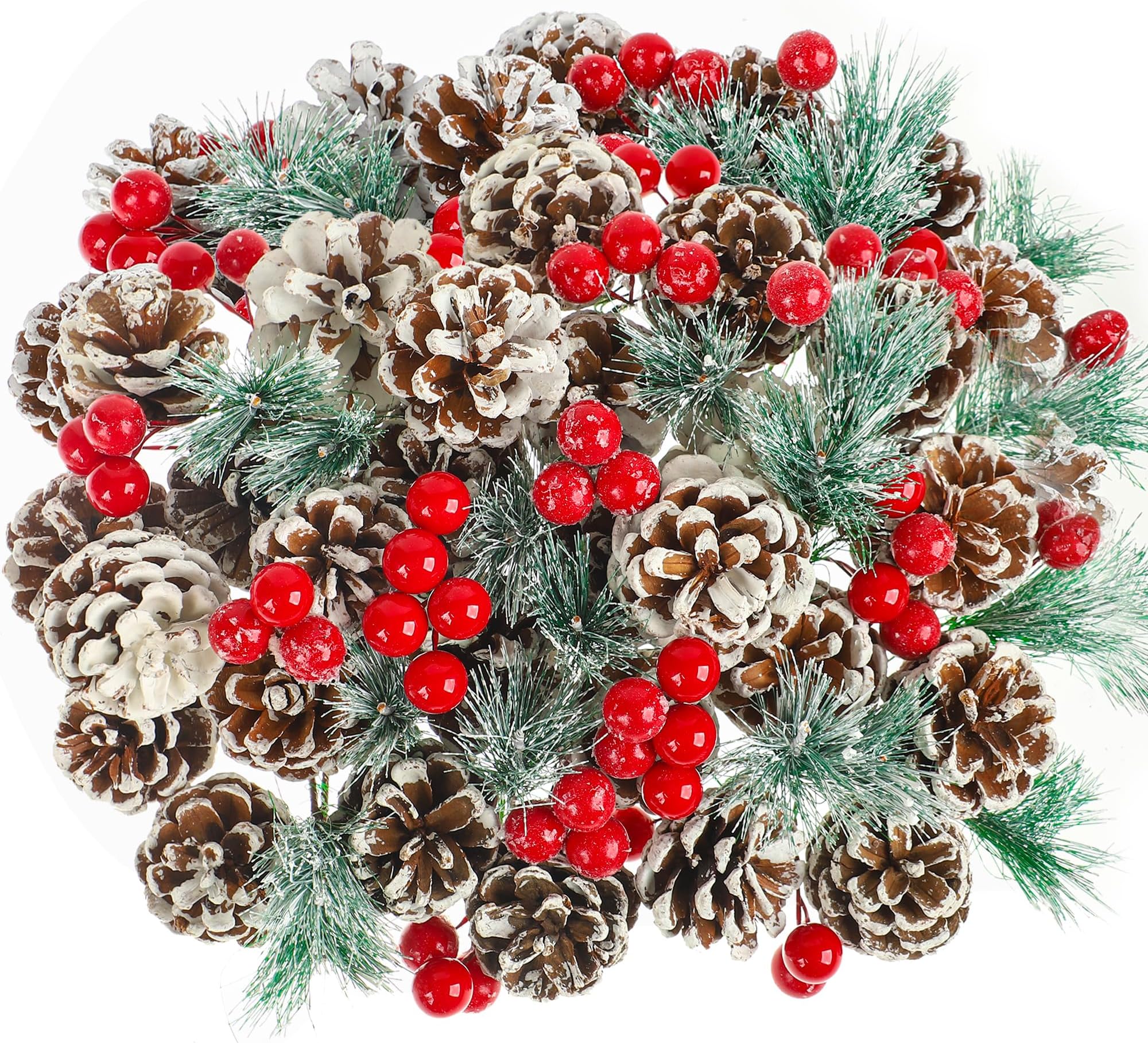 108 Pcs Christmas Artificial Pine Cones Berry Pines Branch Set Red Berries Natural Snow Pinecones Branches Pine Needles Winter Holiday Ornament for Xmas Tree Wreath Garland Crafts Home Party Supplies