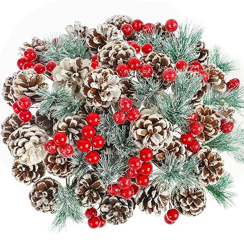 108 Pcs Christmas Artificial Pine Cones Berry Pine Branch Set
