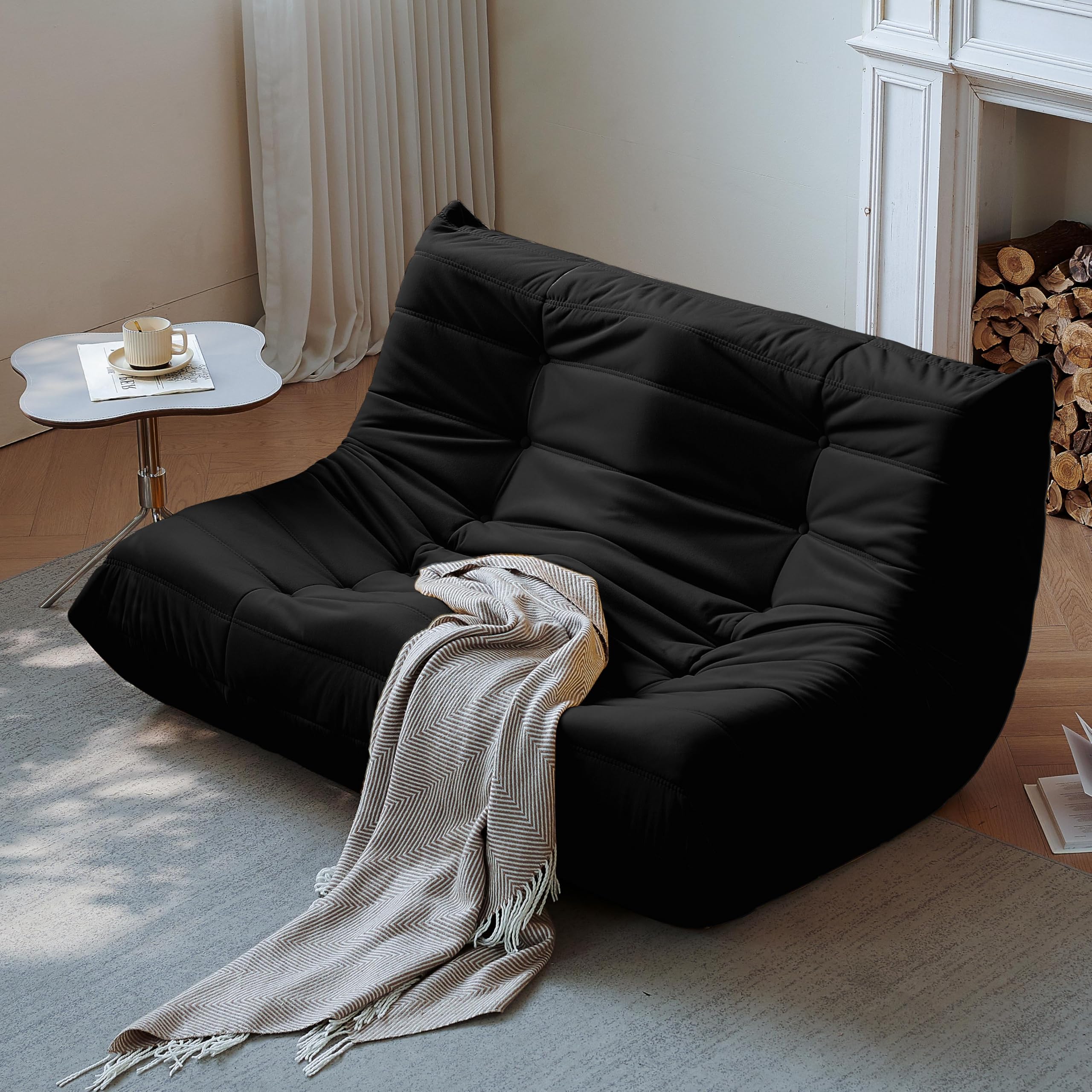 Gazecaia Fireside Loveseat Couch, Modern Suede Fabric Bean Bag Chair, Premium Microfiber Sofas Couch, Corner Floor Sofa, Lazy Chairs Sofa for Living Room/Bedroom/Salon/Office,Black