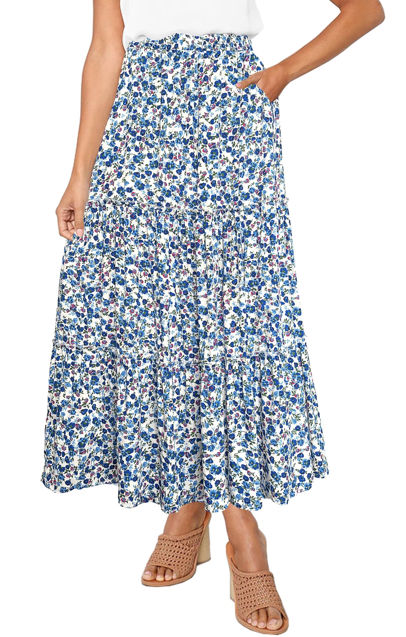Afibi Womens High Waist A Line Ruffle Swing Long Maxi Skirt with Pockets