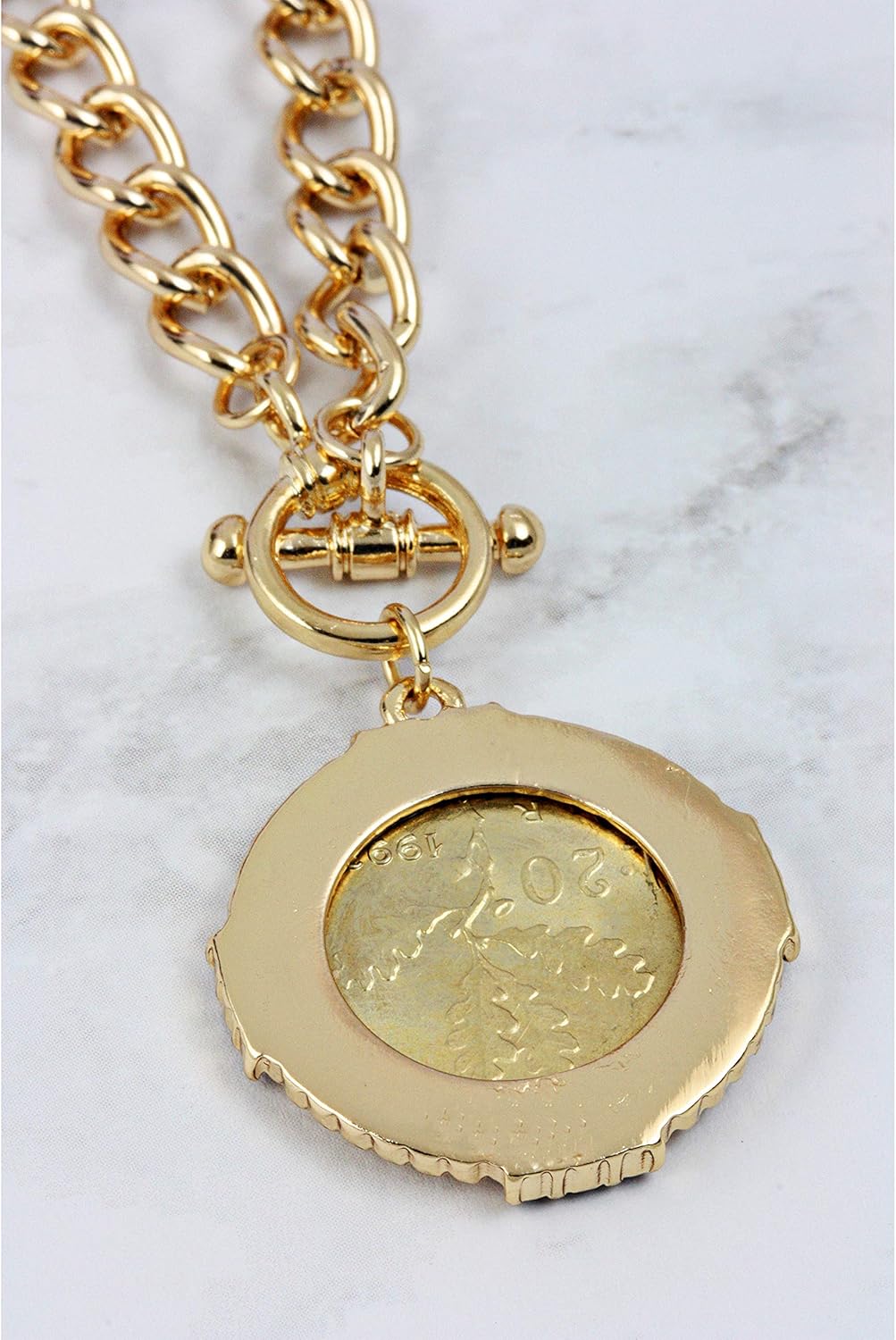 American Coin Treasures Italian 20 Lira Coin Toggle Charm Bracelet - Italian 20 Lire Goldtone Toggle Bracelet with Faceted Round Jet Glass Stones- Italian Medallion Bracelet
