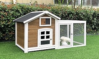 Hanover HANRH0101-BRN Outdoor Wooden Rabbit Hutch with Ramp, Brown/White