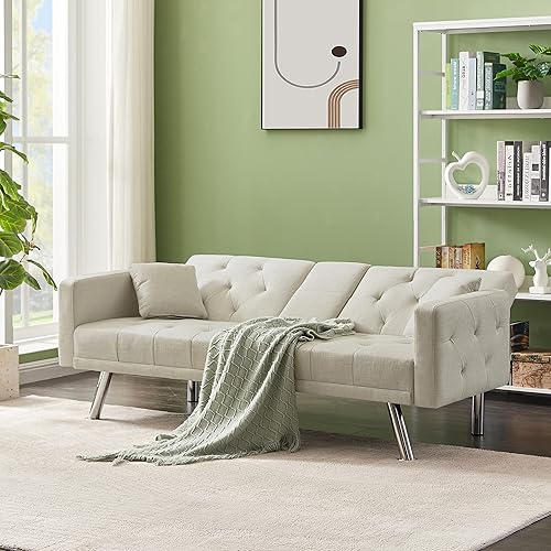Miniatura 2 de Futón con botones 2 en 1, sofá biplaza convertible moderno, cómodo sofá plegable tapizado con reposabrazos para sofá de apartamento, lino beige de