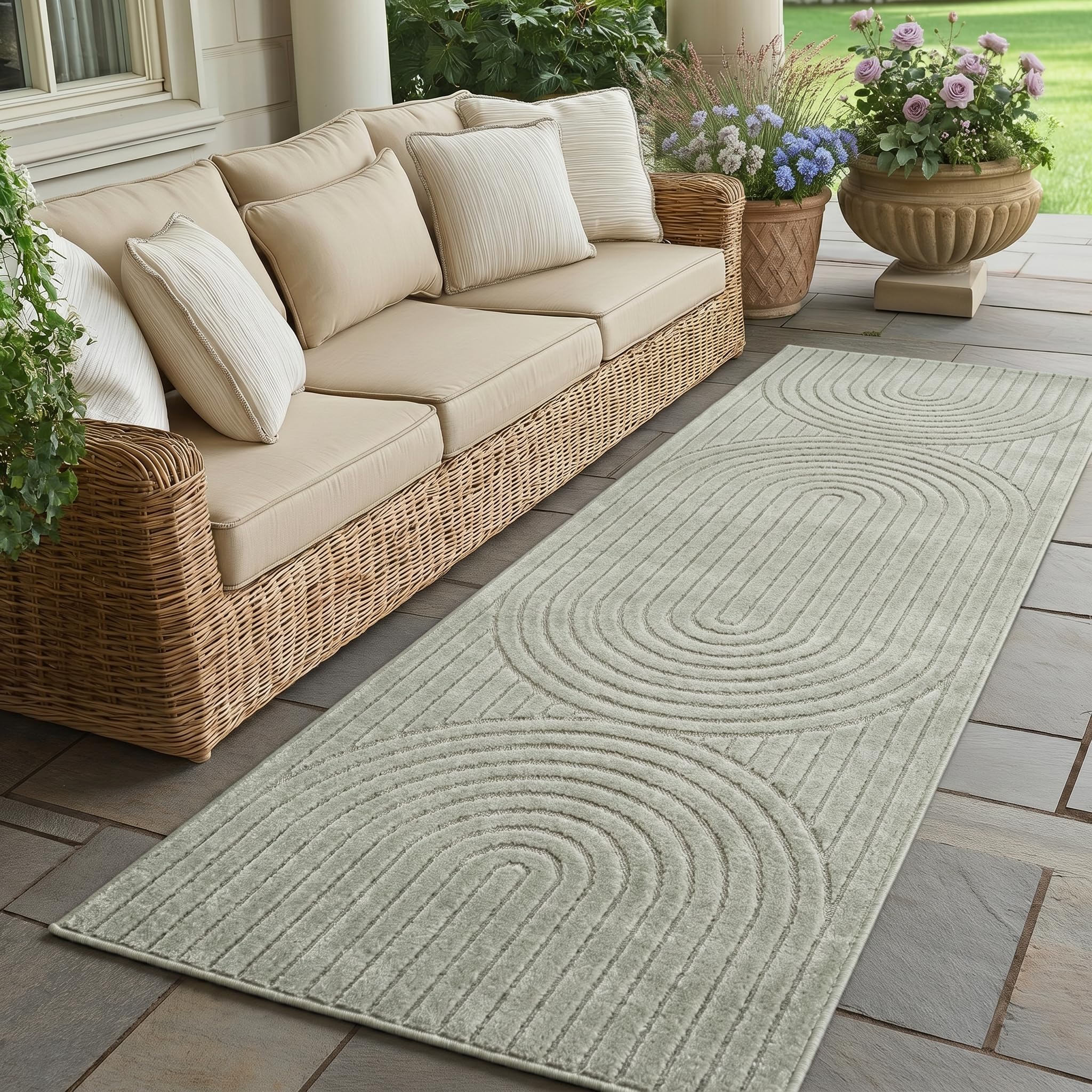 SIMPEX Kurzflor Teppich Wohnzimmer, Schlafzimmer, Küche, 3D Hoch-Tief-Effekt, Skandinavisch Boho Motiv, für Outdoor Bereich geeignet Terrassen oder im Balkon