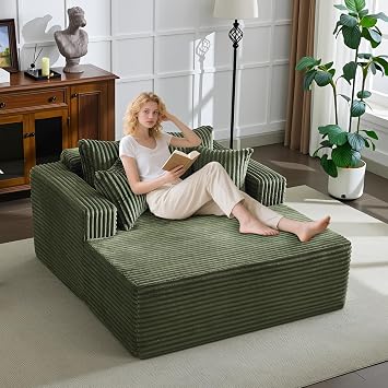 61" Oversized Chaise Lounge Chair Indoor, Cloud Fluffy Chaise Lounges Corduroy Upholstered Sofa Bed w/Throw Pillows for Living Room, Home