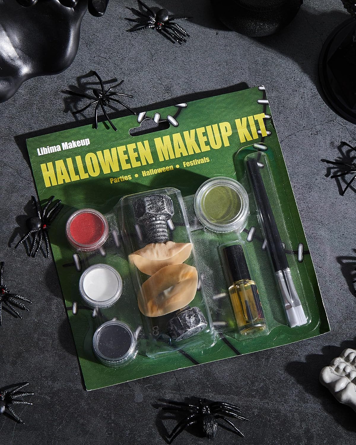 Libima Halloween Makeup Kit Silver Neck Bolts 4 Color Paint Spirit Gum | Latex Prosthetic Monster Effects, Green Red White Black Face Paint, Brush Included, For Cosplay Carnival Party Costume