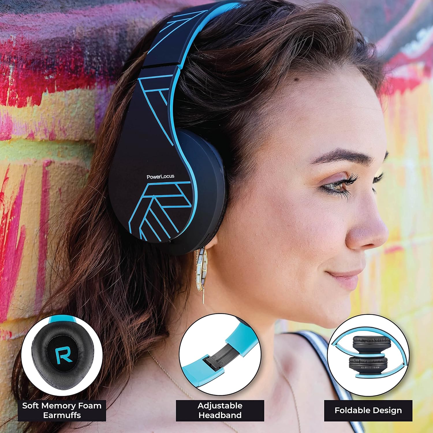 PowerLocus Bluetooth Headphones Over Ear, Wireless Headphones with Microphone, Foldable Headphone, Soft Memory Foam Earmuffs & Lightweight, Micro SD/TF, FM Radio for iPhone/Android/Tablet/PC/TV (Blue)