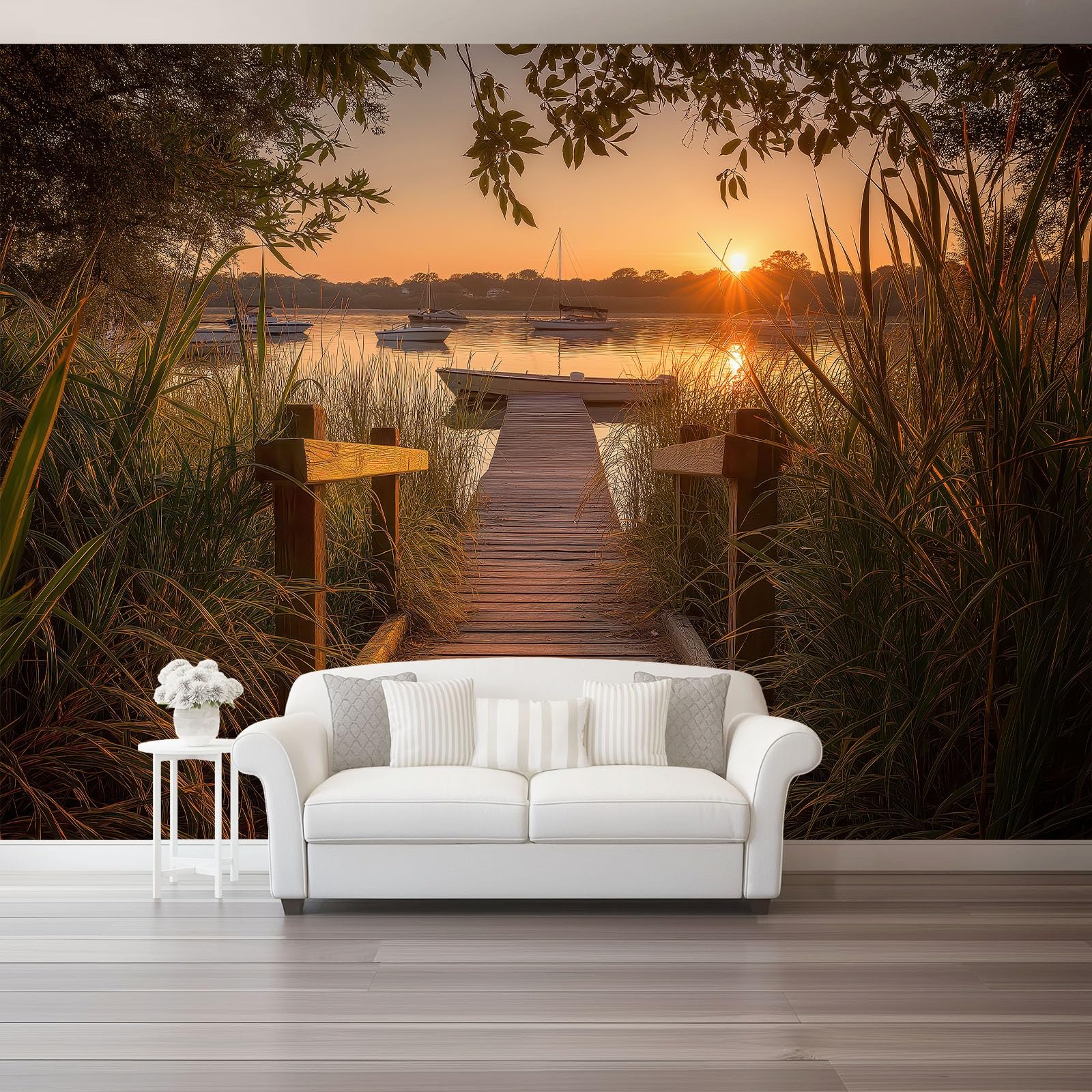 Papier Peint Panoramique pour Agrandir une Pièce Tapisserie Photo 3D Paysage Ponton et Mer