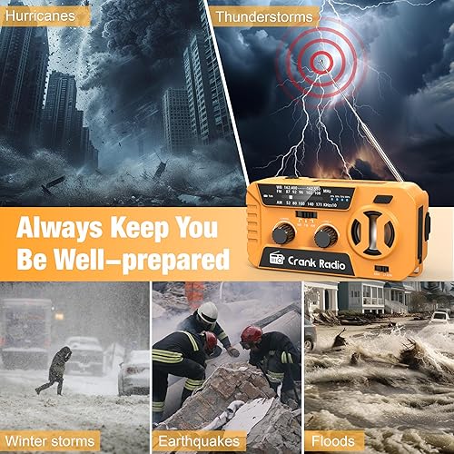 Miniatura 7 de Radio meteorológica de emergencia para huracanes, radio meteorológica NOAA radio de emergencia con batería de 7400 mWh, USBsolarmanivela, funciona
