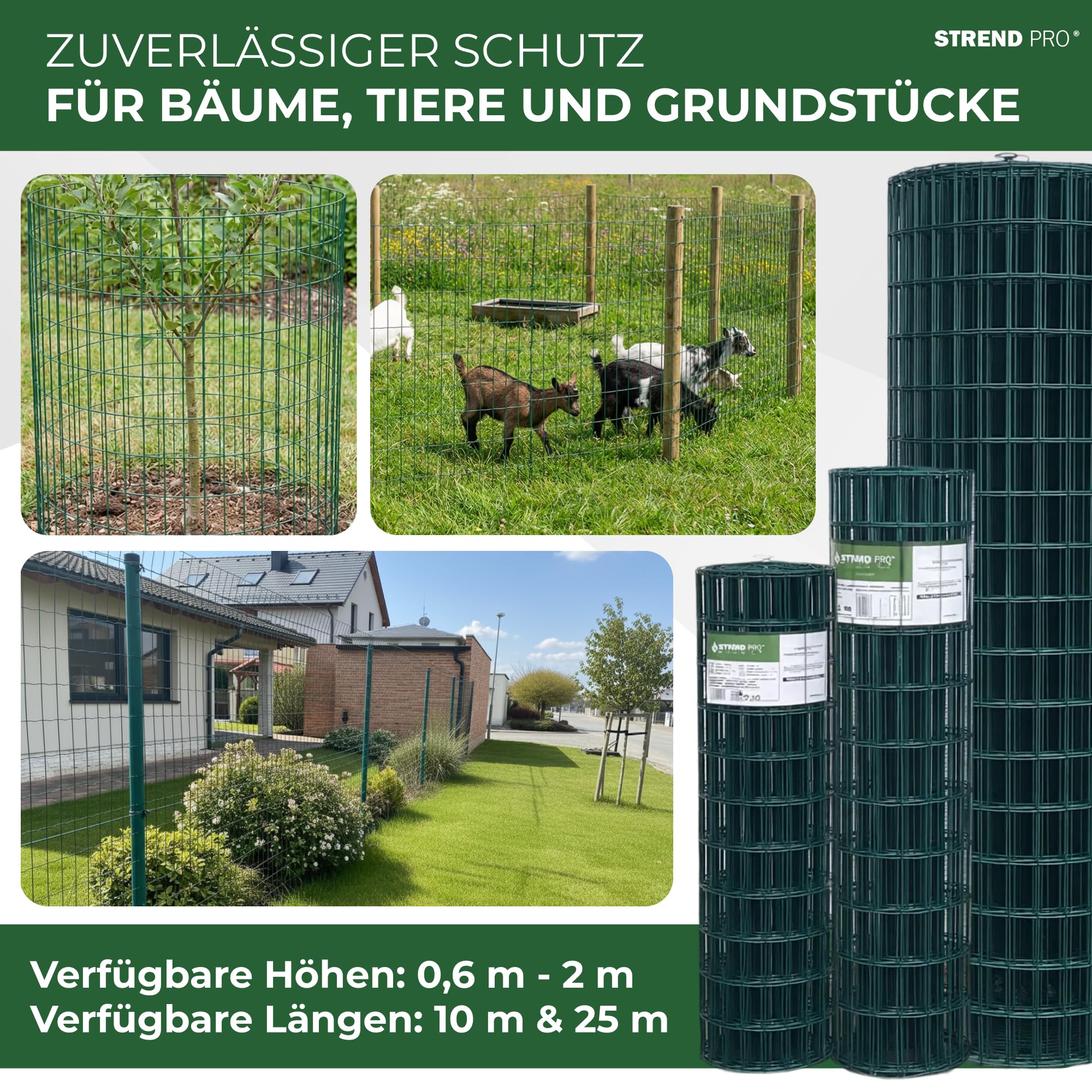 STREND PRO Zaun Gartenzaun 100cm Höhe | Länge 10 m | Grün Wildzaun | Maschenweite 100 x 50 mm | Verzinkt & PVC-beschichtet | Schweißgitter Zaunrolle | Maschendrahtzaun | Drahtzaun