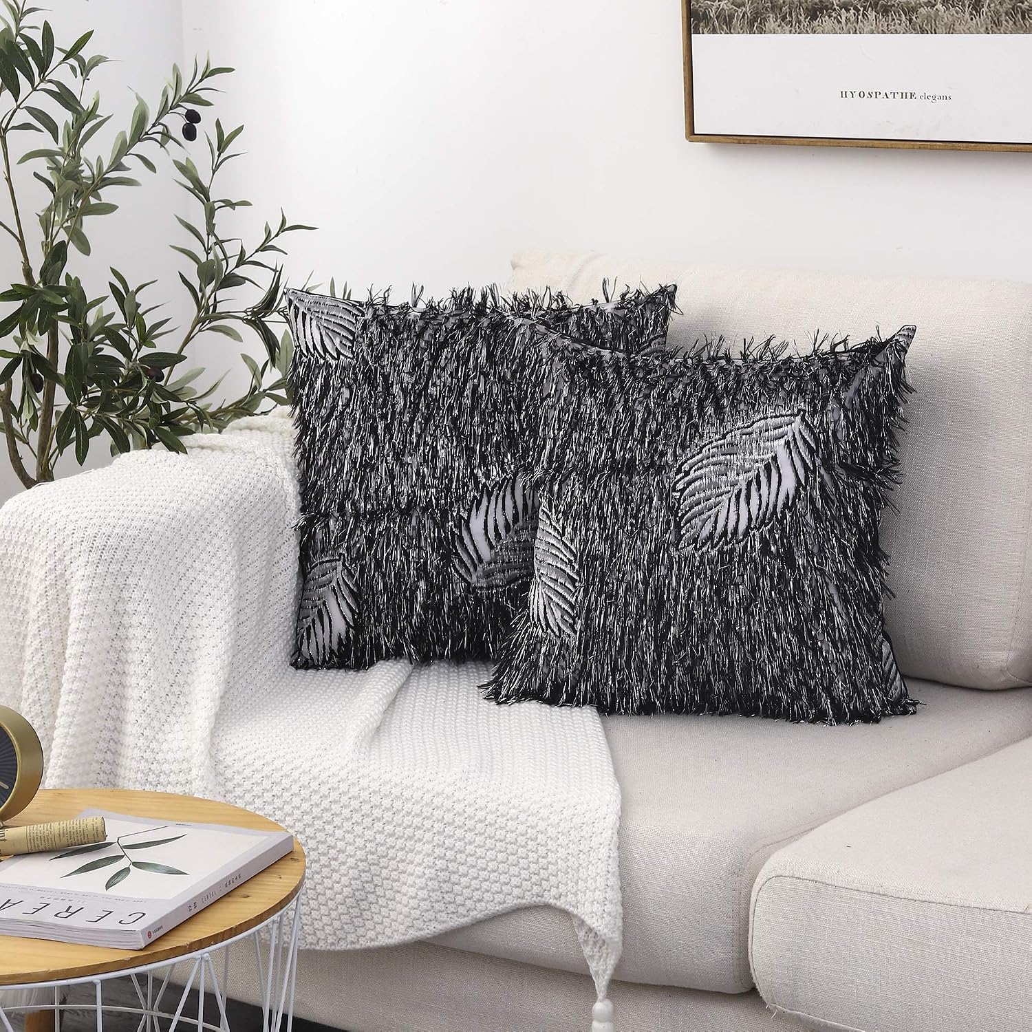 Yeadous Black Throw Pillow Covers for Couch Sofa Bed, Decorative Leaf Embroidery Couch Pillows Cushion Covers, 18 x 18 inches, Set of 2